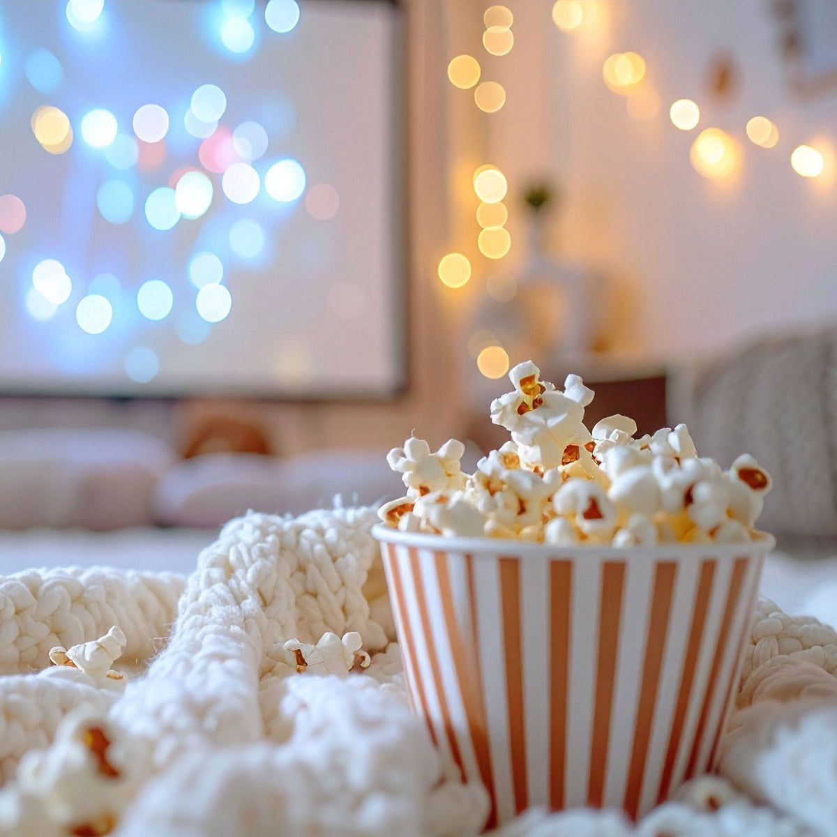 martha brook blog post 12 of the best Christmas movie quotes square popcorn on a bed with fairy lights