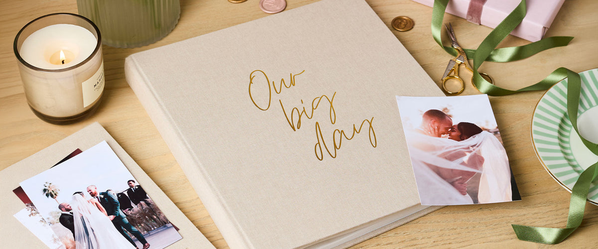Martha Brook Personalised Linen Wedding photo album with a wedding photo