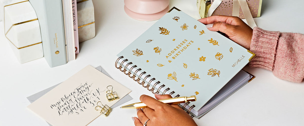 Martha Brook Personalised Address and Birthday Book on a desk with an envelope