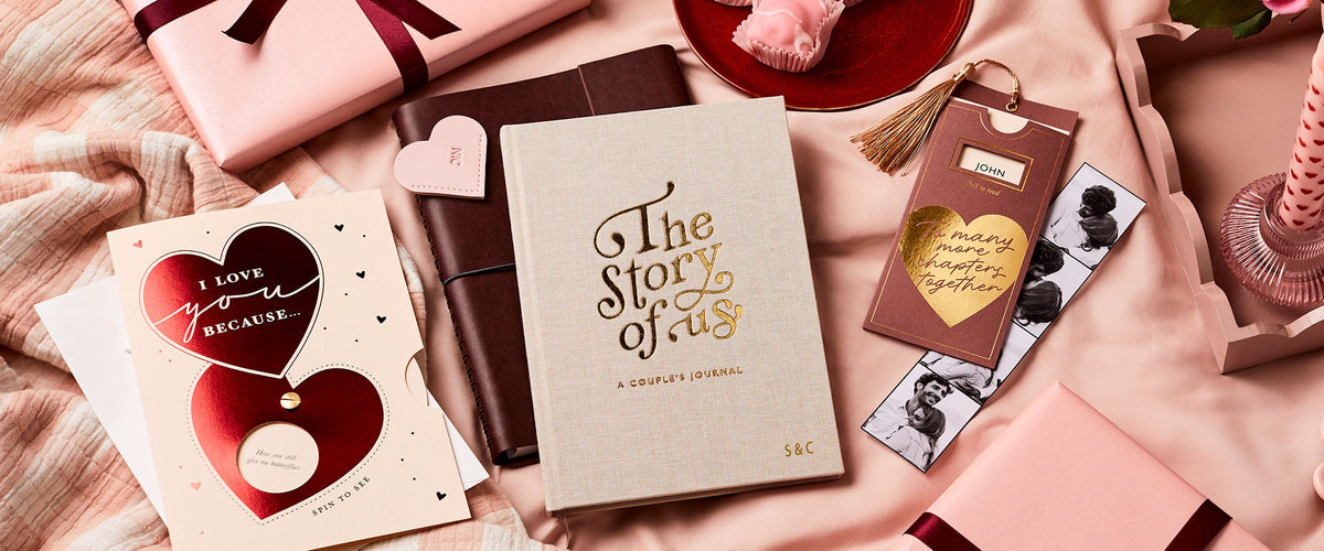 Martha Brook Personalised Couple's Journal, I love you because reveal messages card and hidden messages couples bookmark surrounded by pink gifts