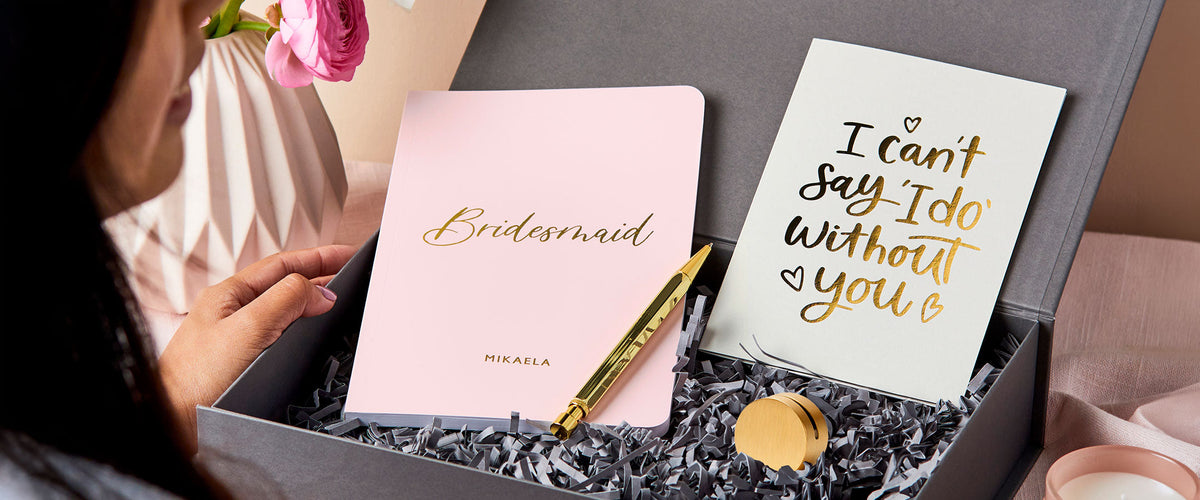 Martha Brook Personalised Luxury Will You Be My Bridesmaid Gift with a vase of flowers