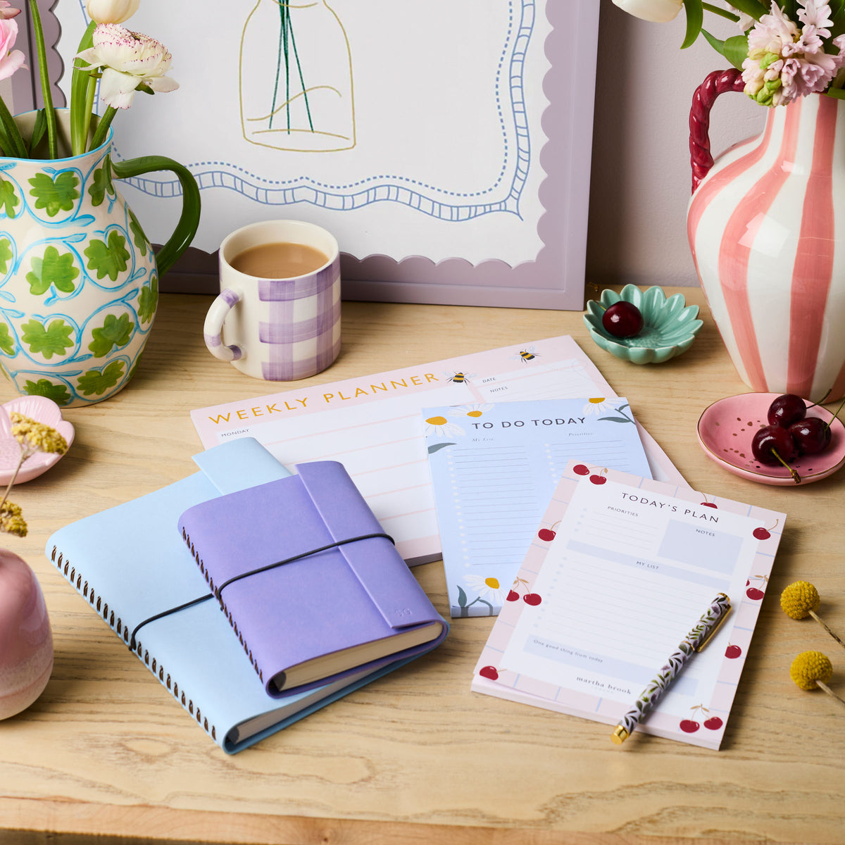 Martha Brook Personalised Stationery for Spring Desk with flowers and cherries and beautiful notebooks and planners in pastel shades