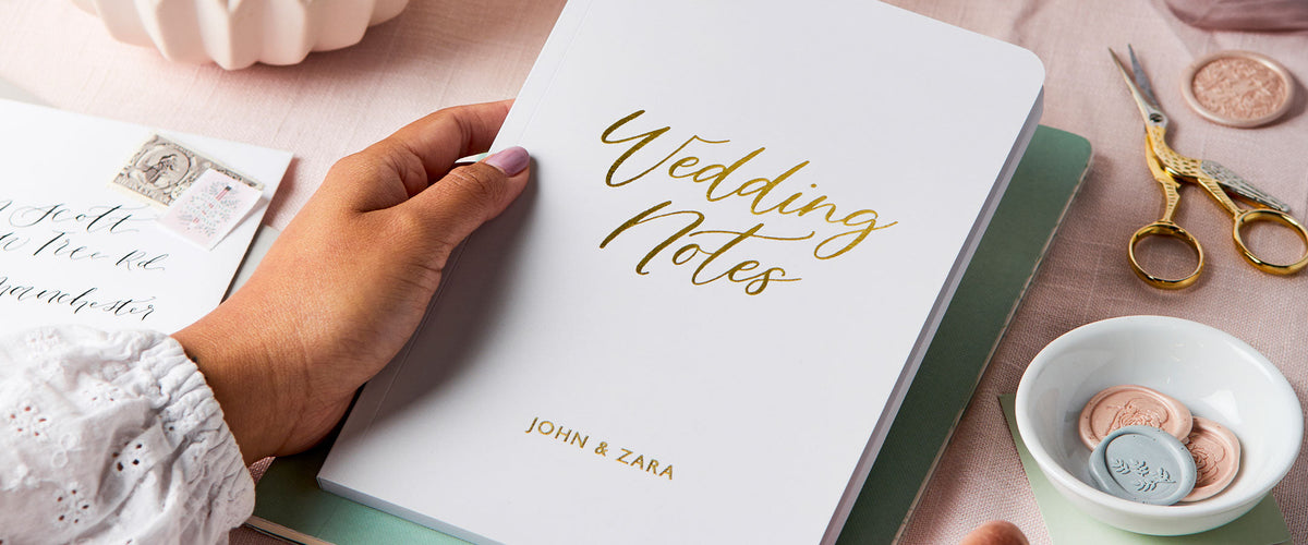 Martha Brook Personalised Wedding Notebook with pastel wax seals, decorative scissors and an envelope 