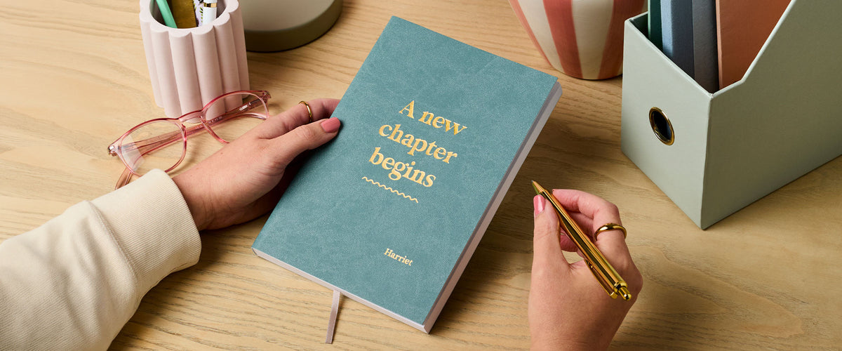 Martha Brook Personalised New Job Gift Notebook with a pastel pink pen pot and sage green file holder