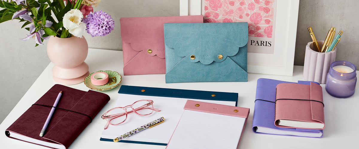 Martha Brook Personalised Vegan Leather Items including Notebooks, Desk Pads and pouches
