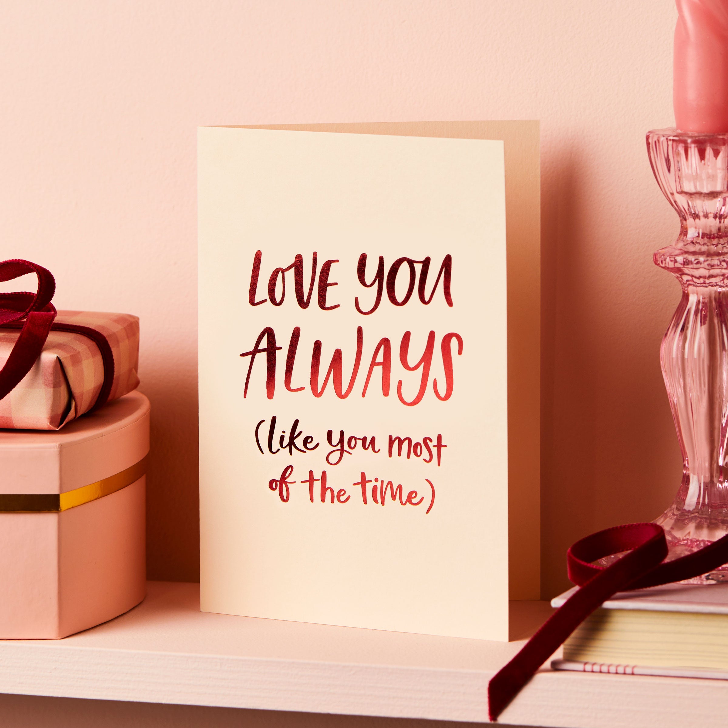 martha brook love you foiled embossed funny valentine's card on a shelf