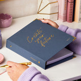 martha brook personalised stationery personalised create your own future life planner navy planner gold foiling on desk