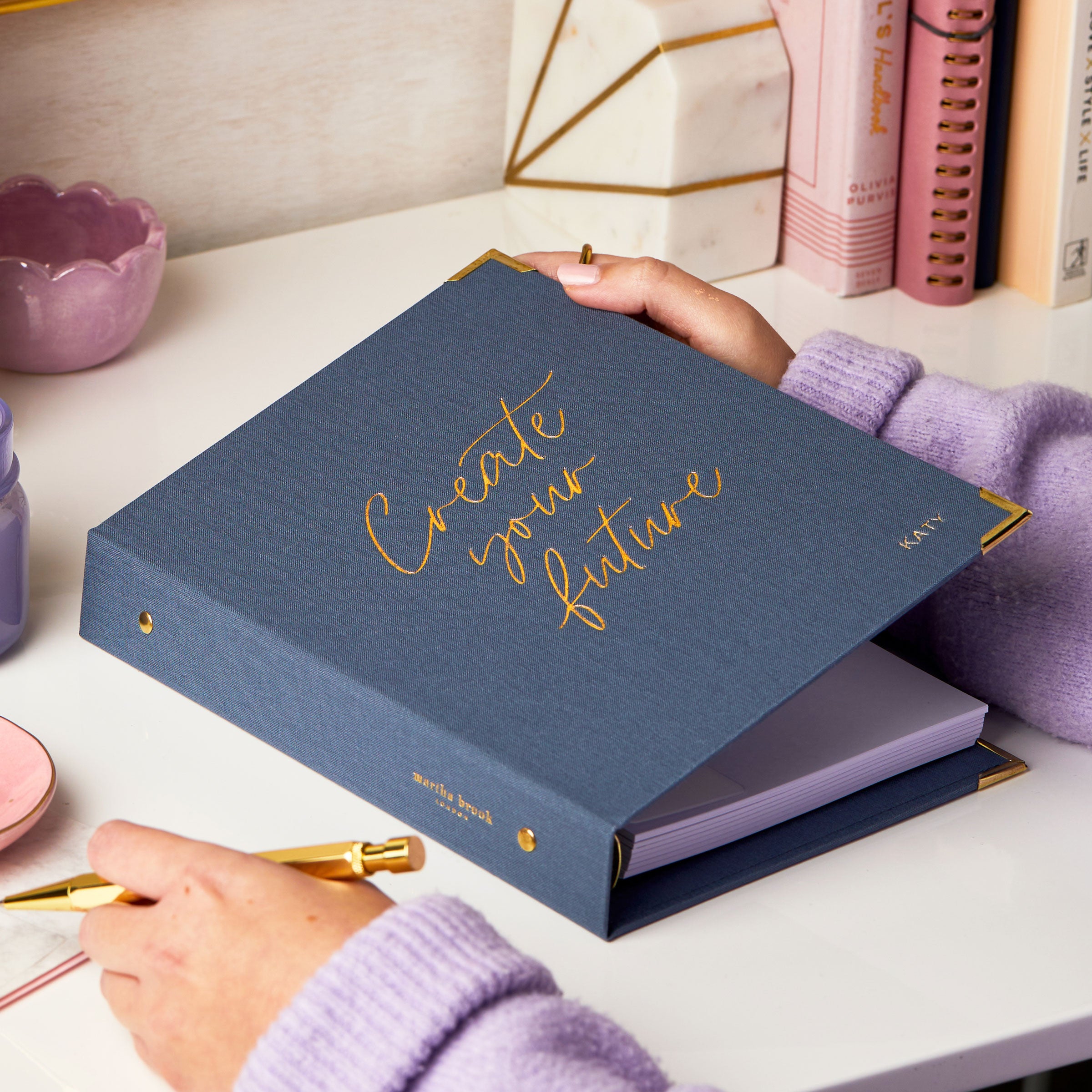 martha brook personalised stationery personalised create your own future life planner navy planner gold foiling on desk