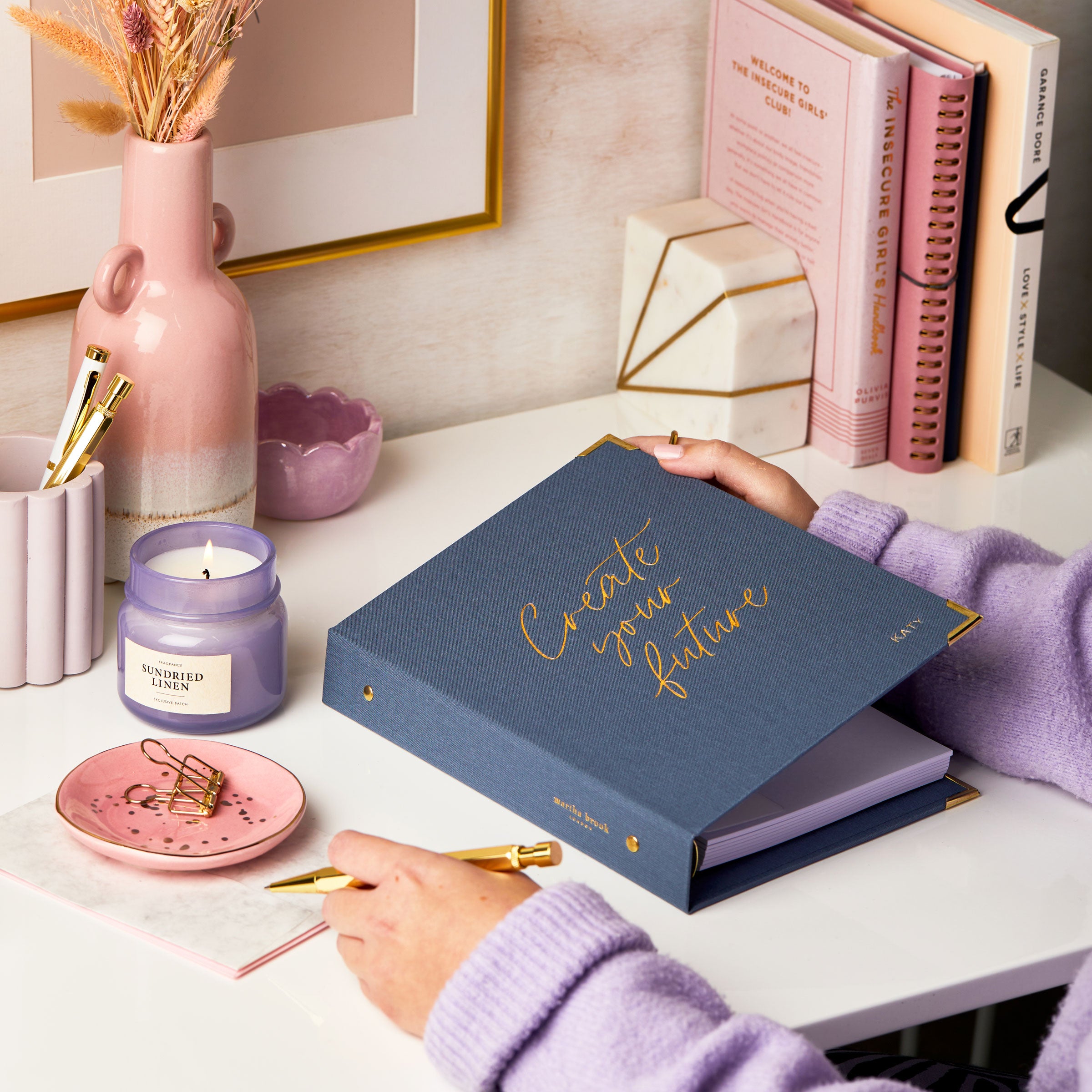 martha brook personalised stationery personalised create your own future life planner navy planner gold foiling on desk