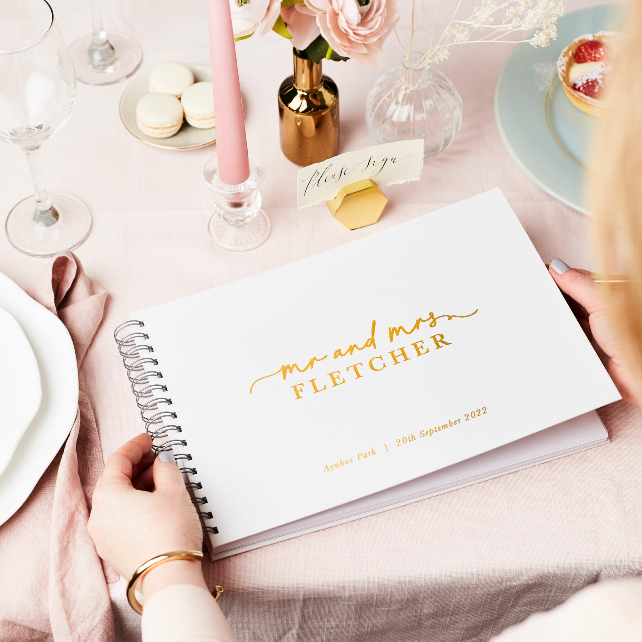 Martha Brook Personalised Stylish Wedding Guest Book White and Gold