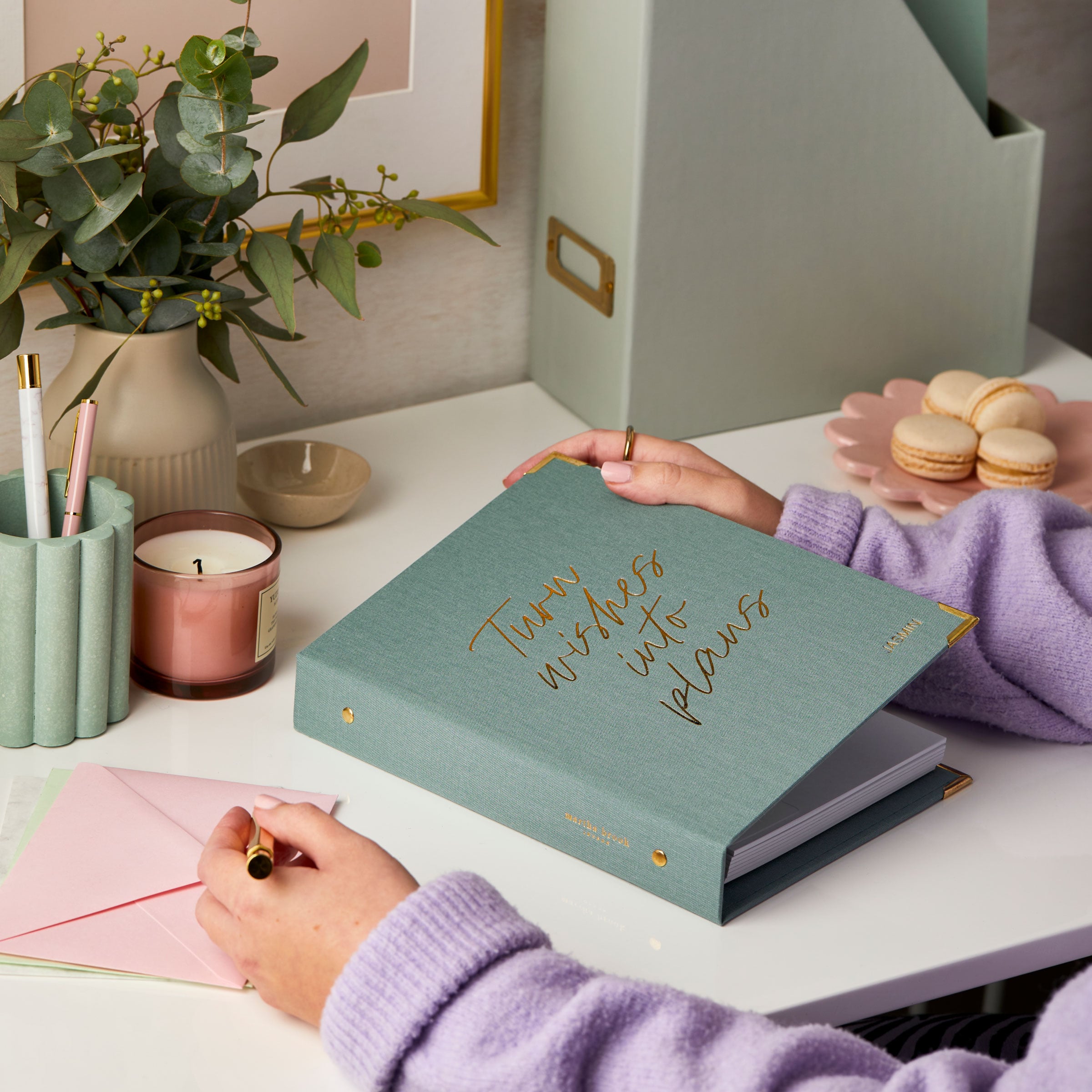 martha brook personalised turn wishes into plans life planner sage green on desk