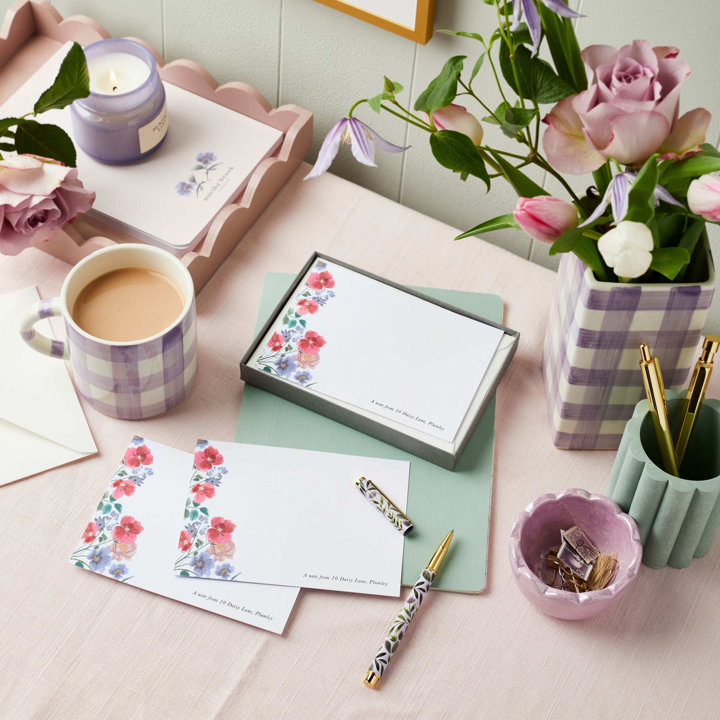 Martha Brook Personalised Wild Floral Notecards on a table with flowers in a gingham vase