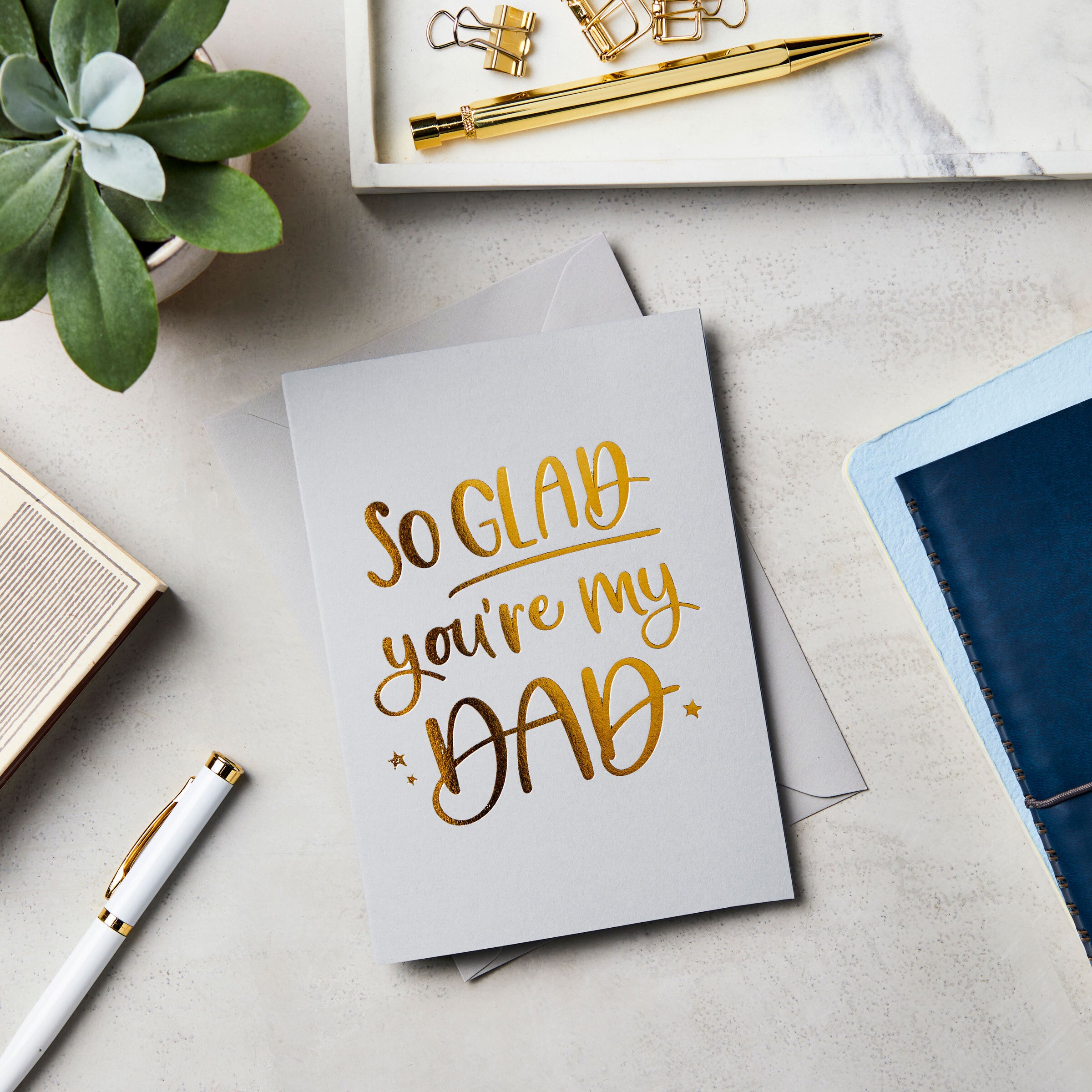 martha brook so glad you are my dad quote foil embossed card light grey
