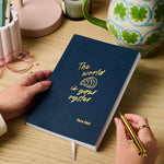 Martha brook personalised stationery personalised leaving gift vegan leather notebook teal notebook with gold foil reading 'the world is your oyster'