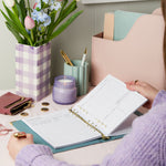 martha brook personalised stationery budget tracker planner on desk with purse and flowers and pen pots