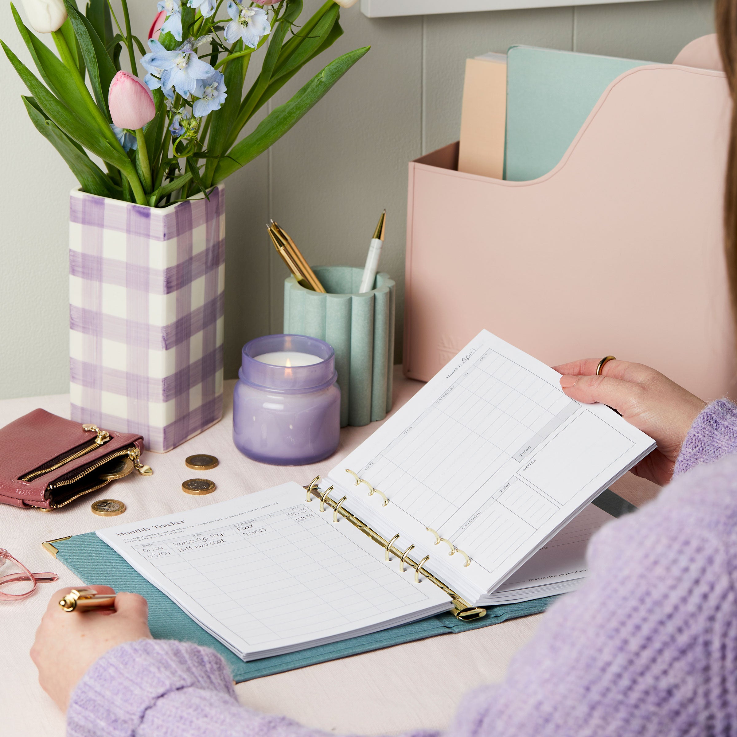 martha brook personalised stationery budget tracker planner on desk with purse and flowers and pen pots