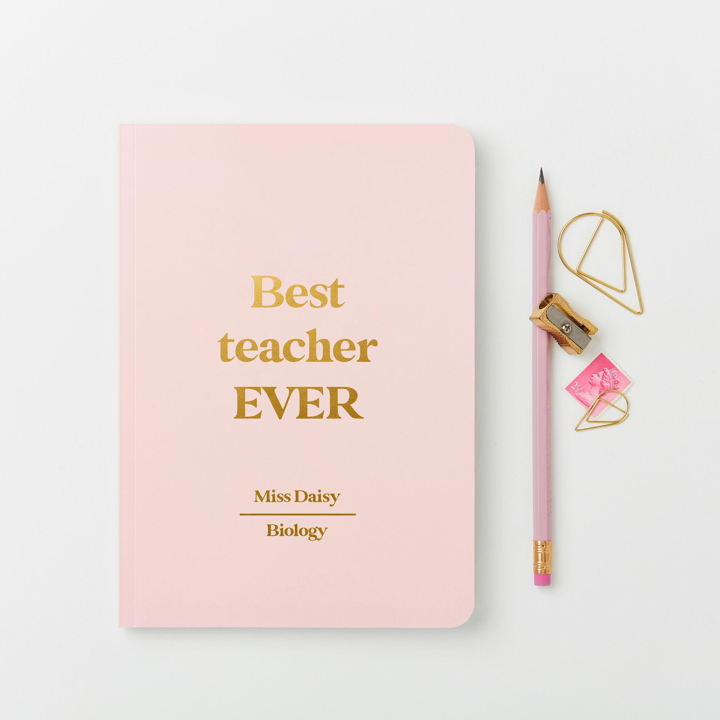 Martha brook personalised stationery personalised teacher gift softback notebook pink with gold foil reading 'best teacher ever'