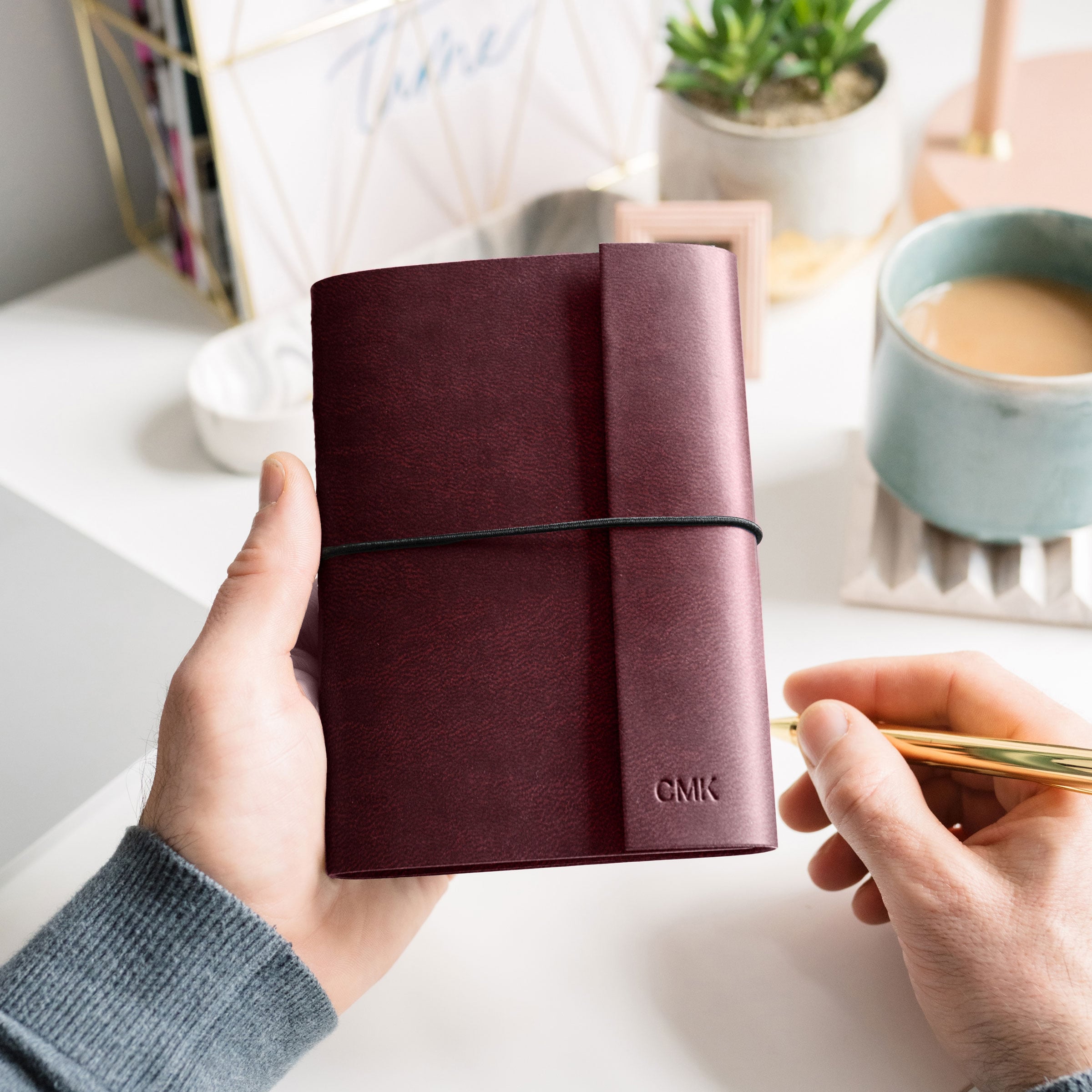 martha brook personalised vegan leather notebook in dark burgundy
