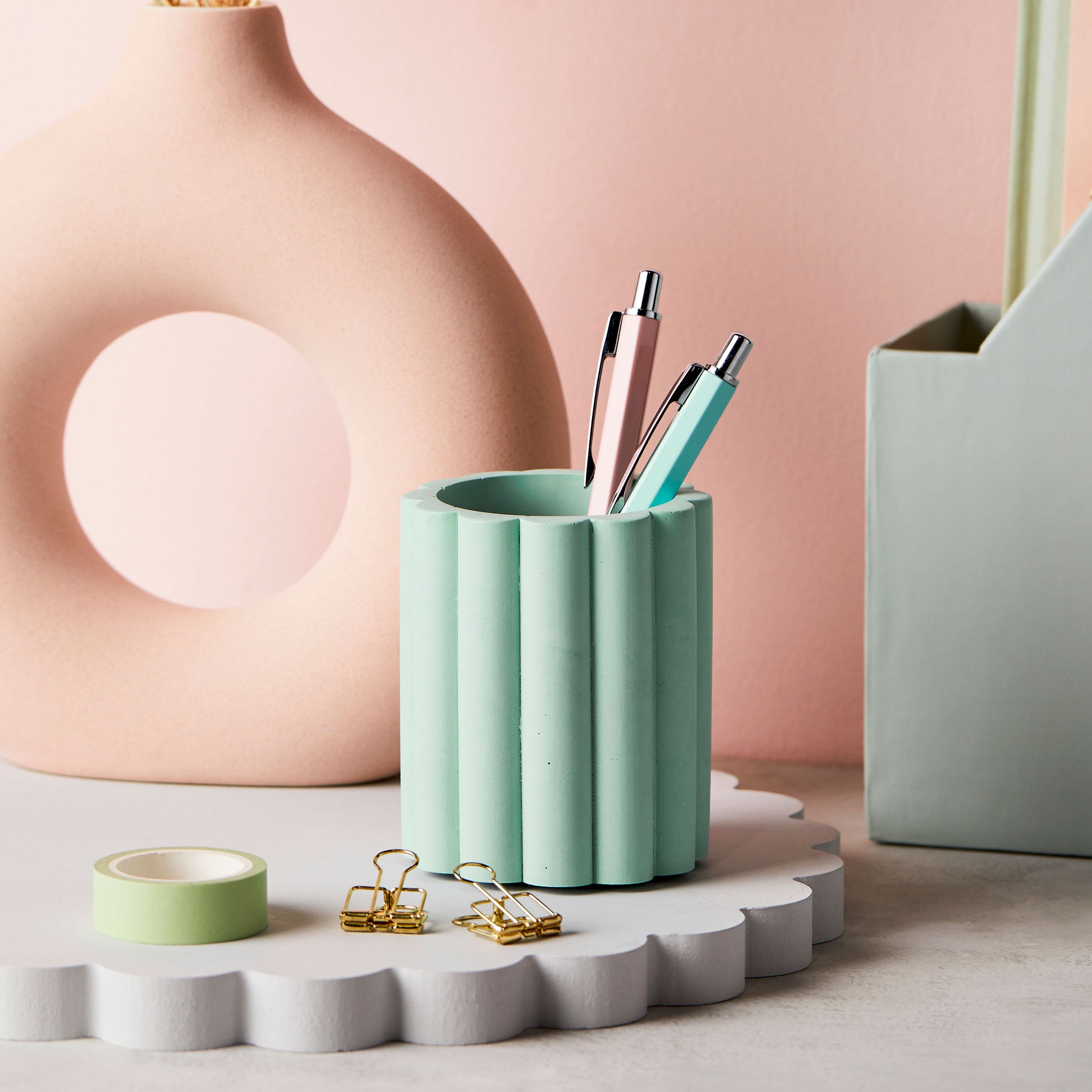 martha brook personalised stationery desk accessories pastel scalloped pen pot mint green