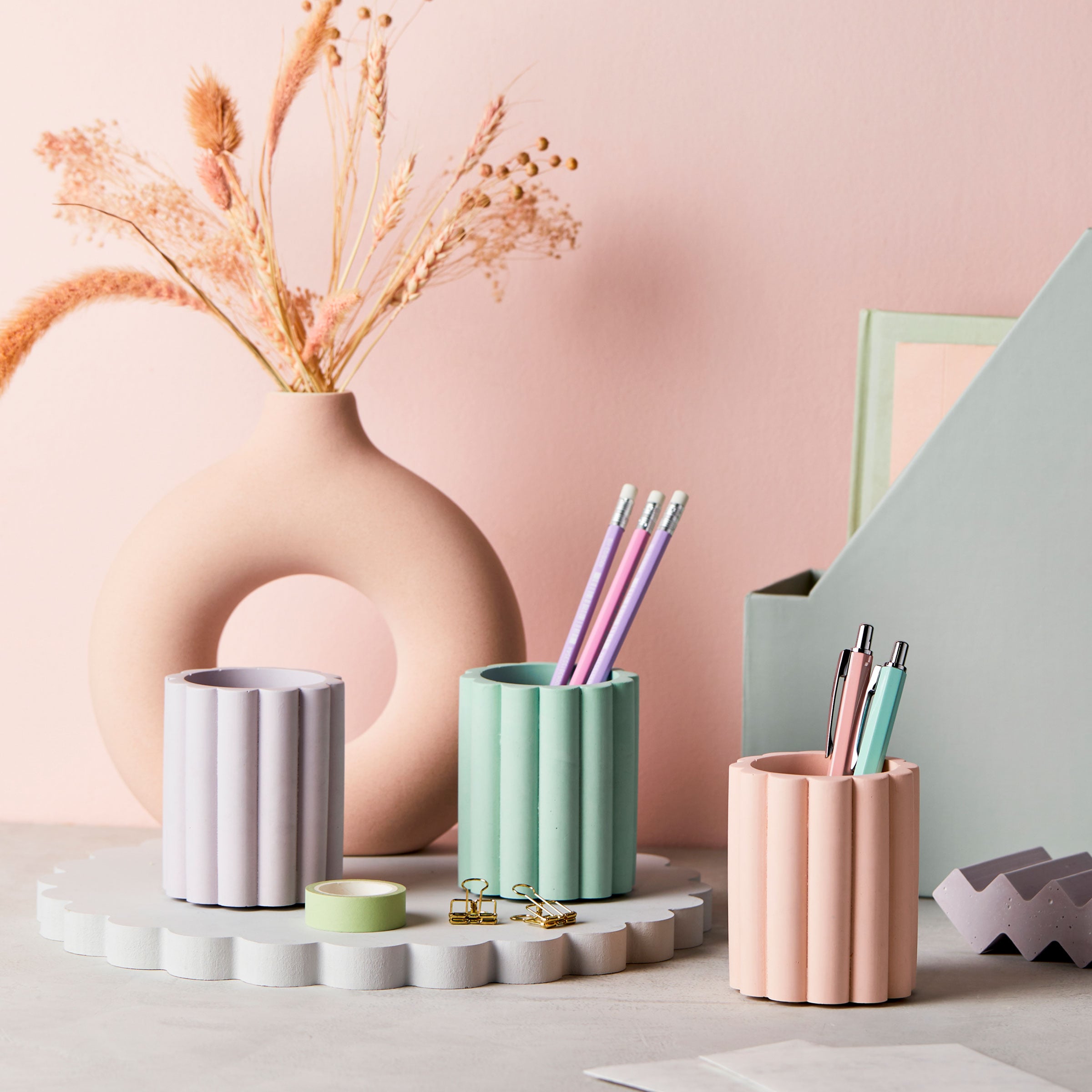 martha brook personalised stationery desk accessories pastel scalloped pen pot mint green light lilac peachy pink