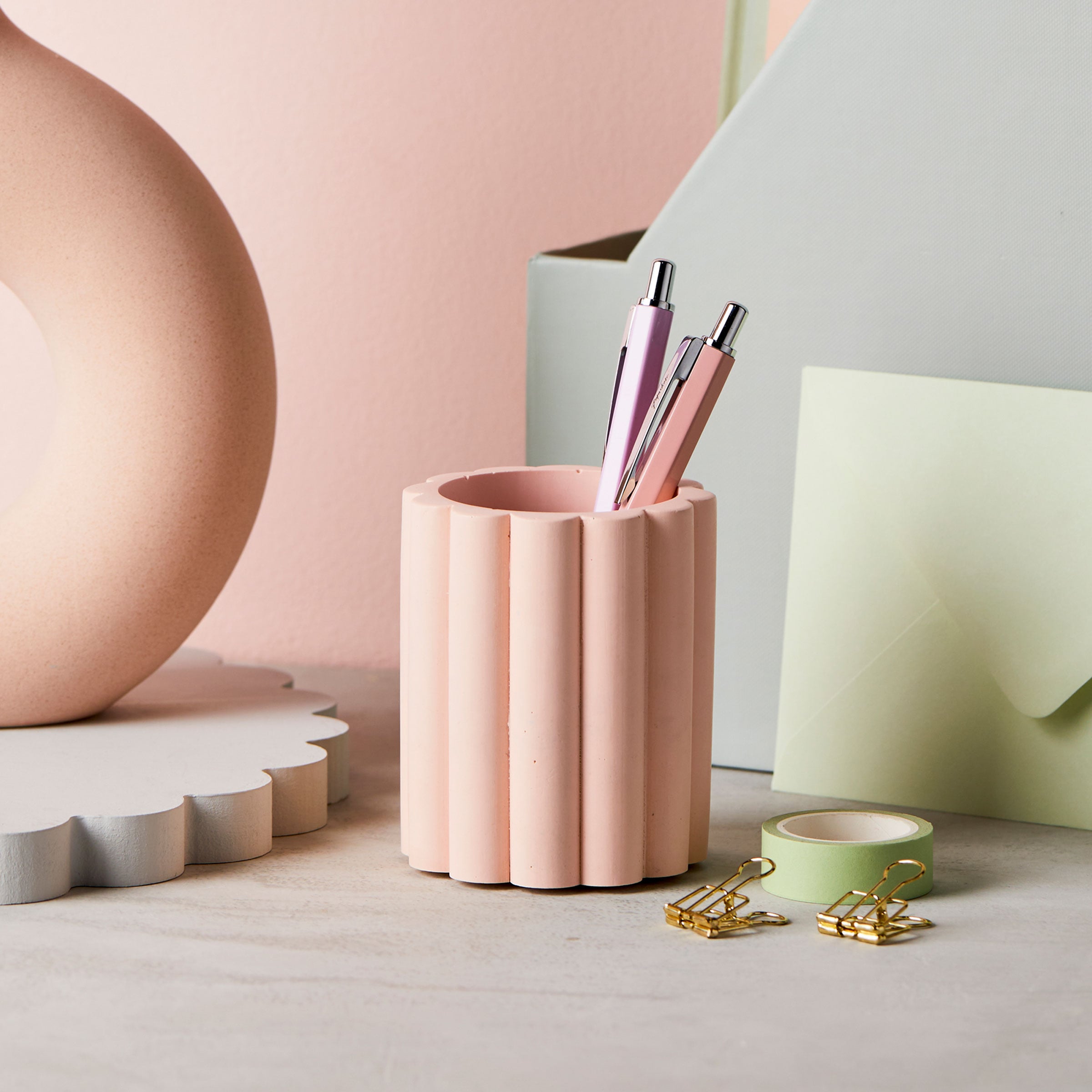 martha brook personalised stationery desk accessories pastel scalloped pen pot peachy pink