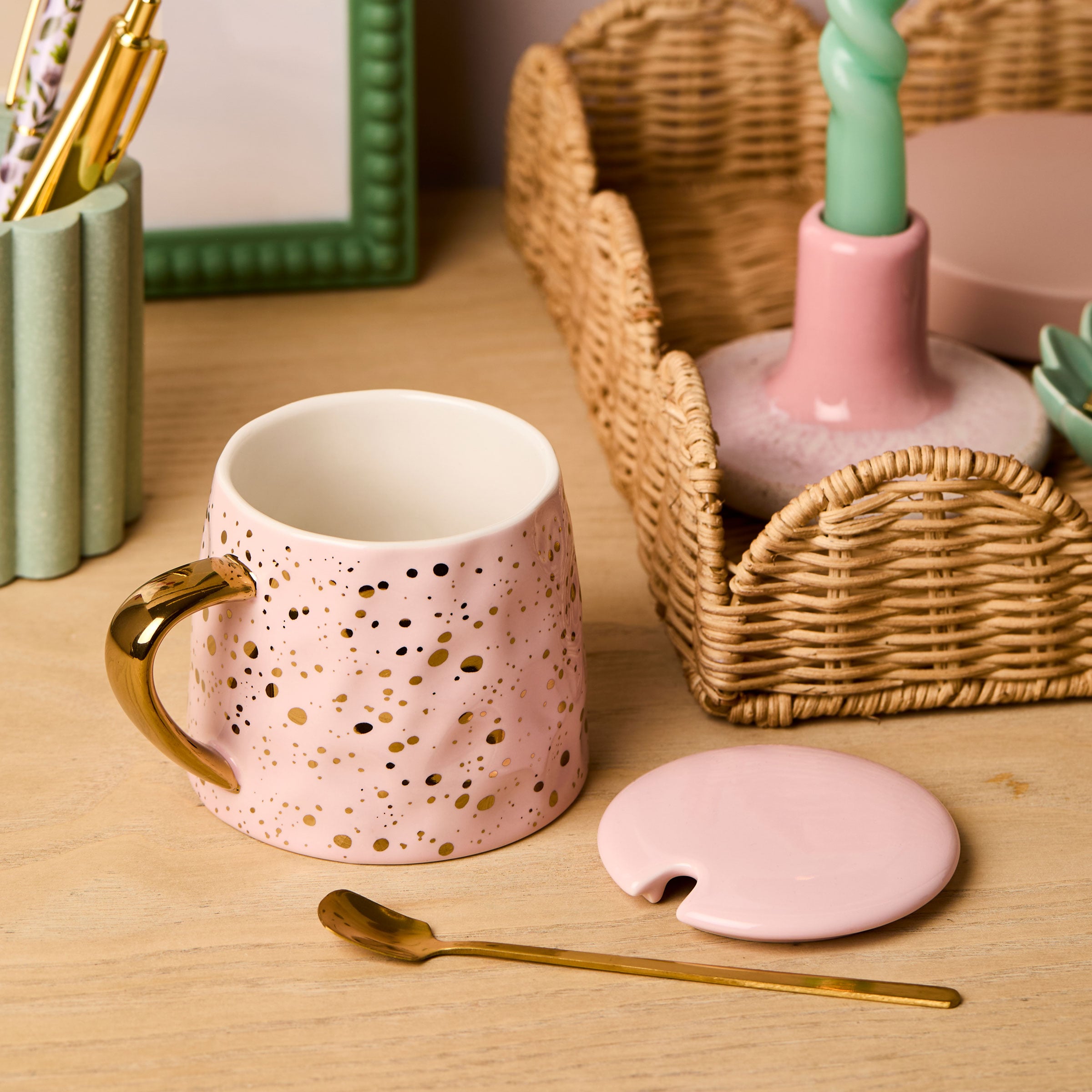 martha brook personalised stationery gold speckled pink mug with spoon and lid close up on desk