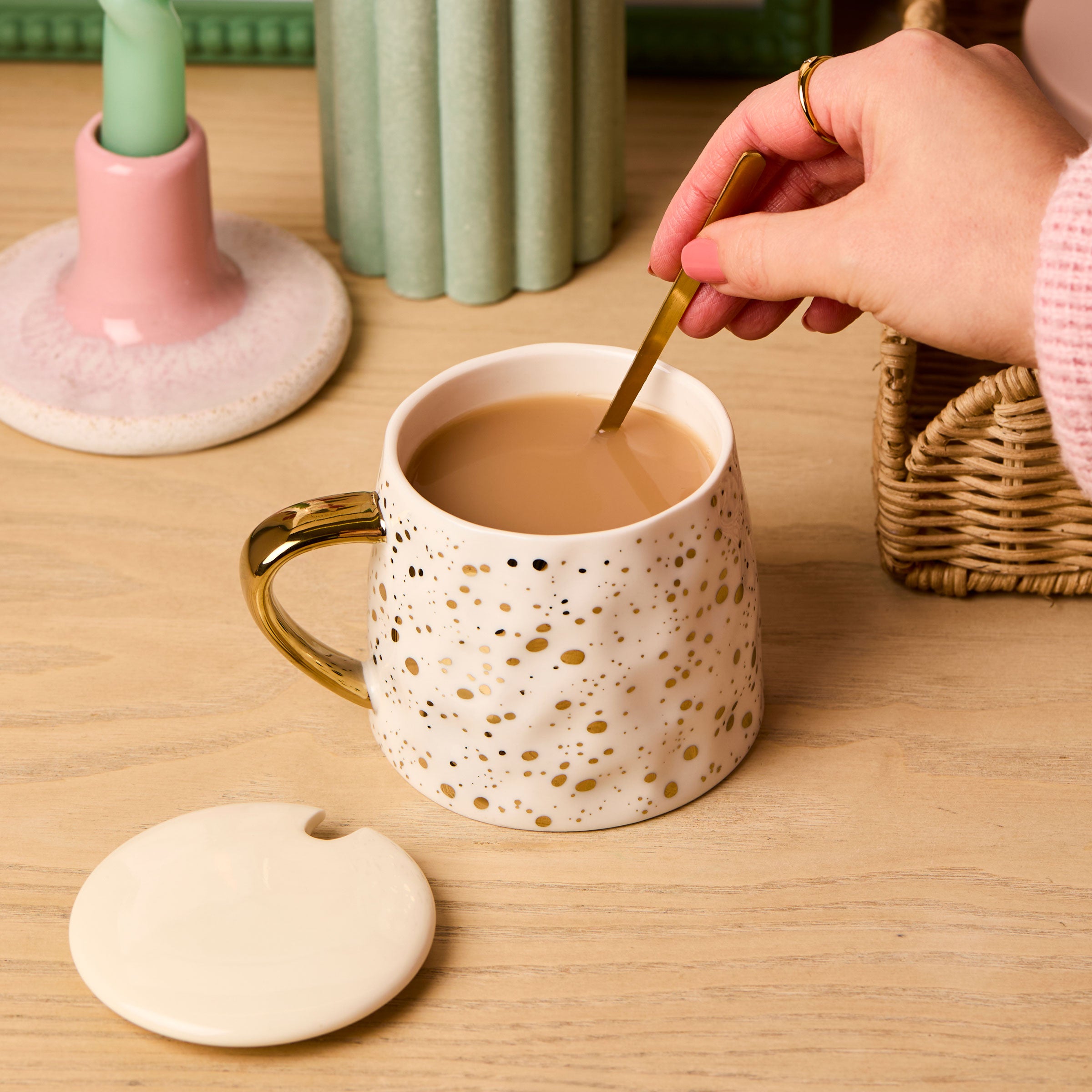 Personalised Stationery Gold Speckled White Mug With Spoon and Lid
