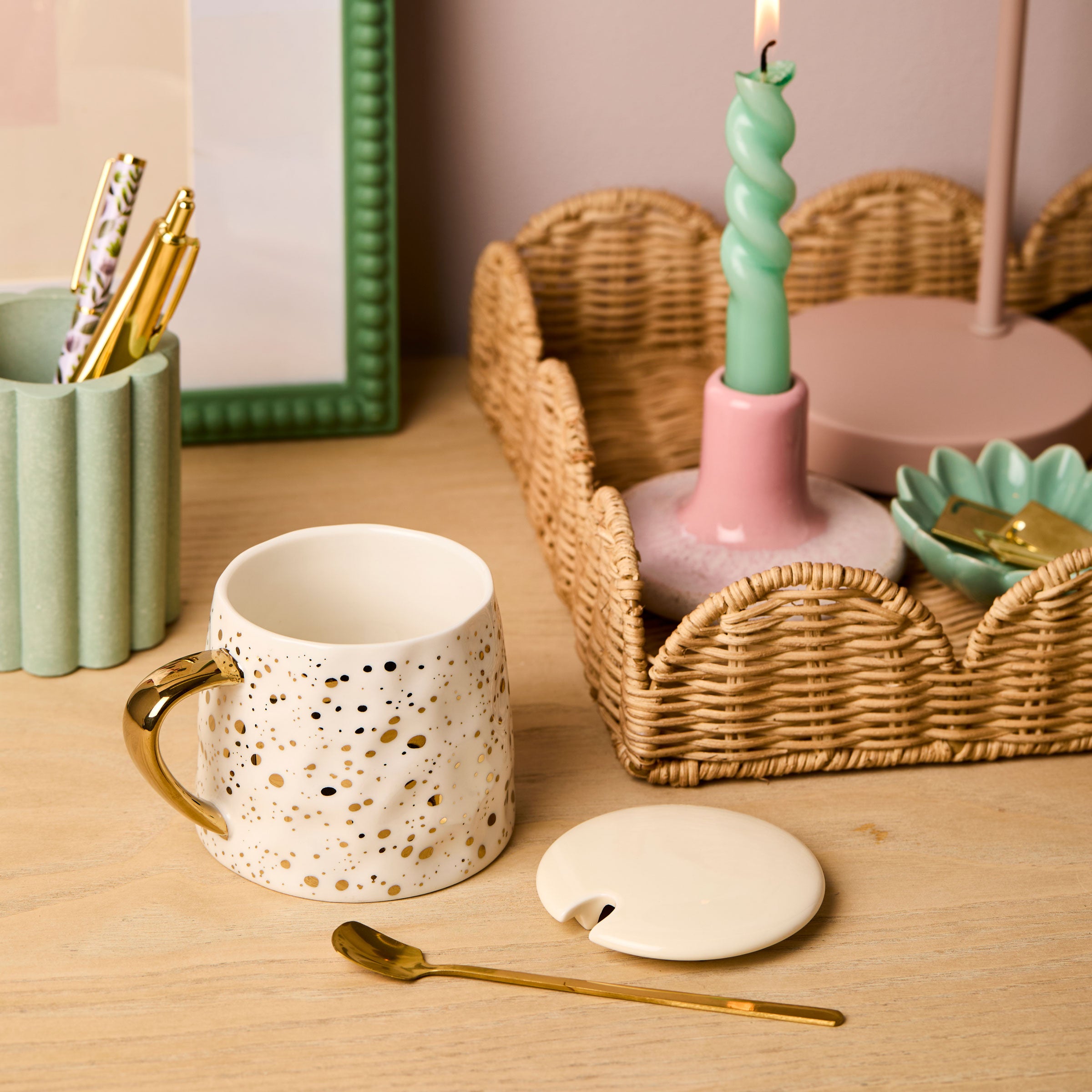 Personalised Stationery Gold Speckled White Mug With Spoon and Lid