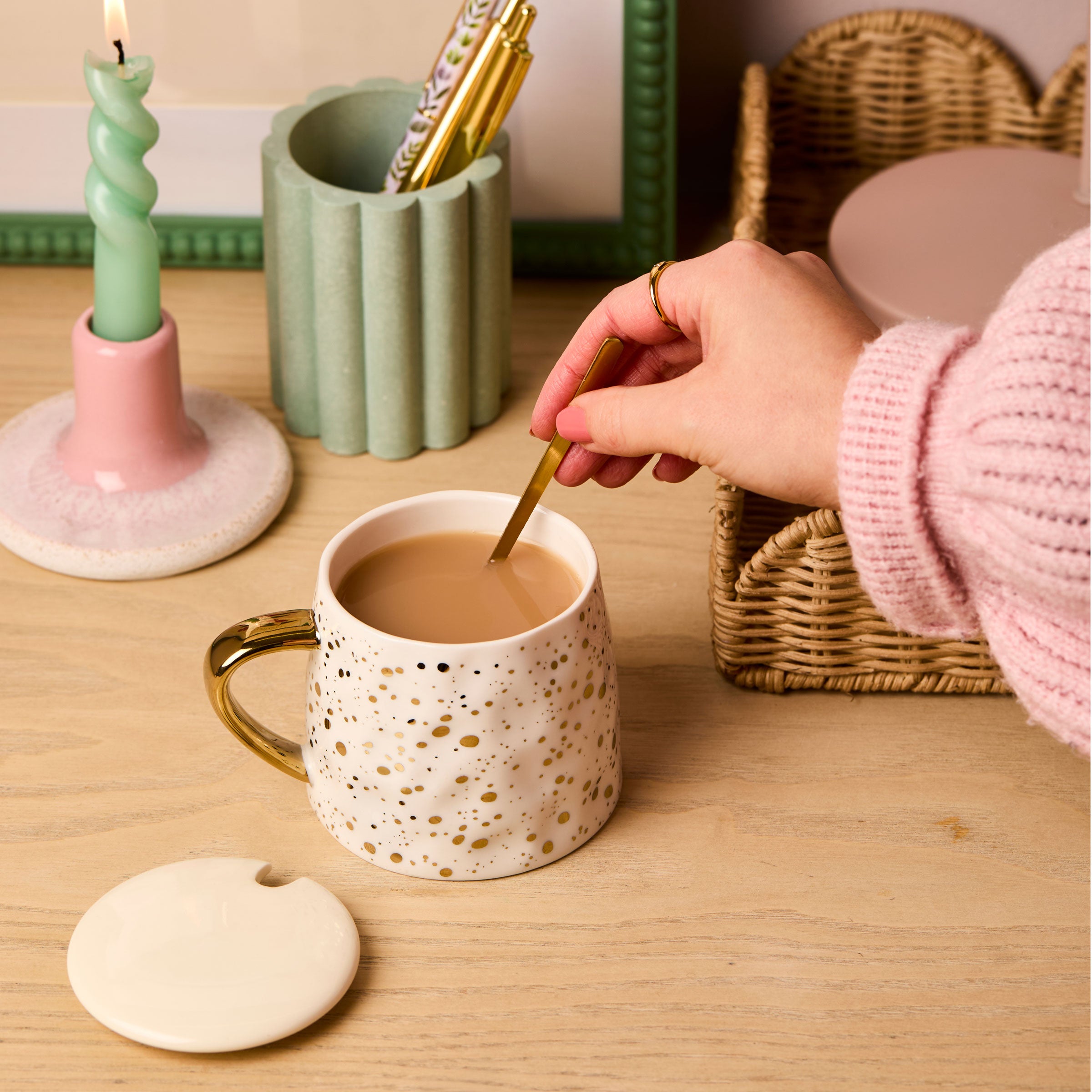 Personalised Stationery Gold Speckled White Mug With Spoon and Lid