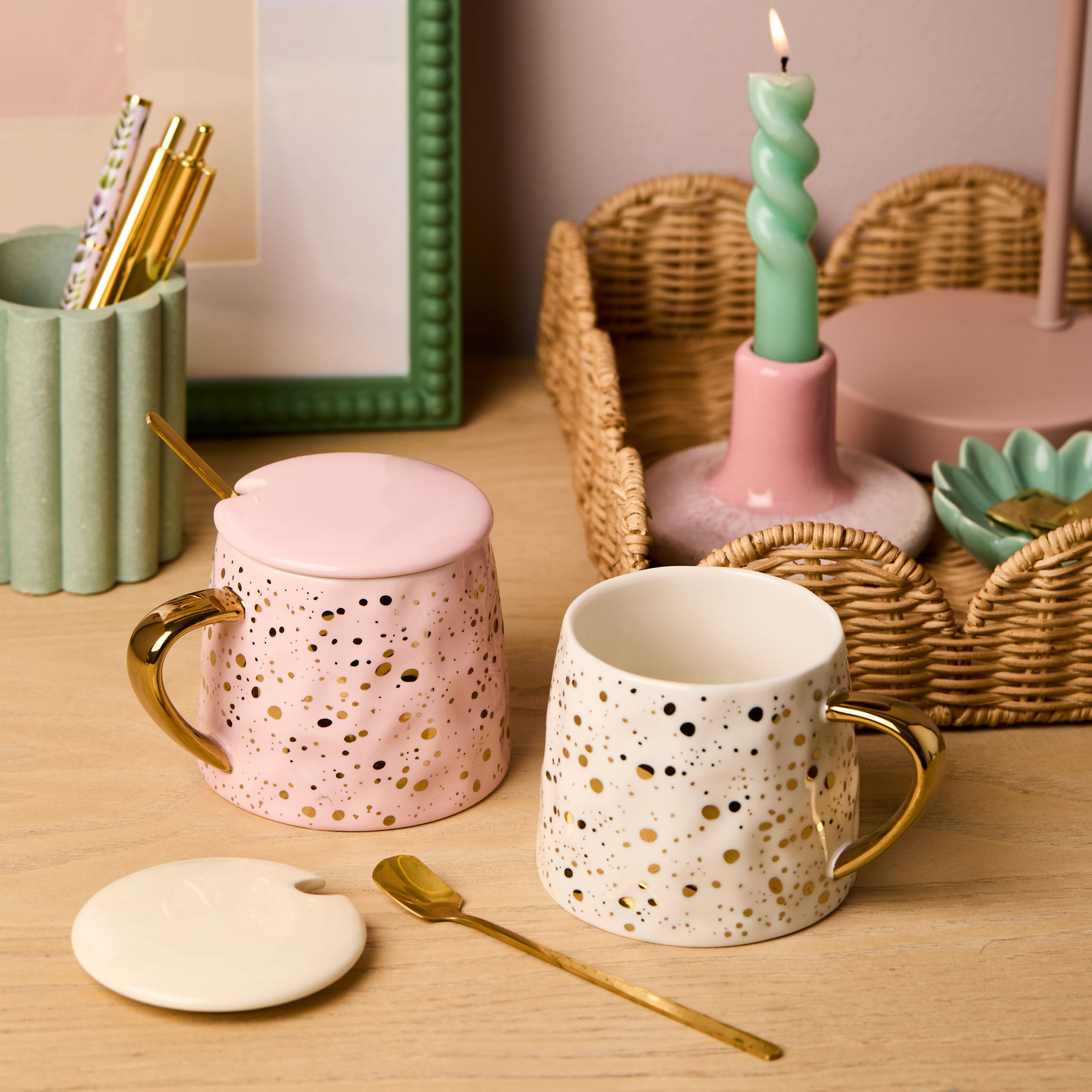 Personalised Stationery Gold Speckled White Mug With Spoon and Lid
