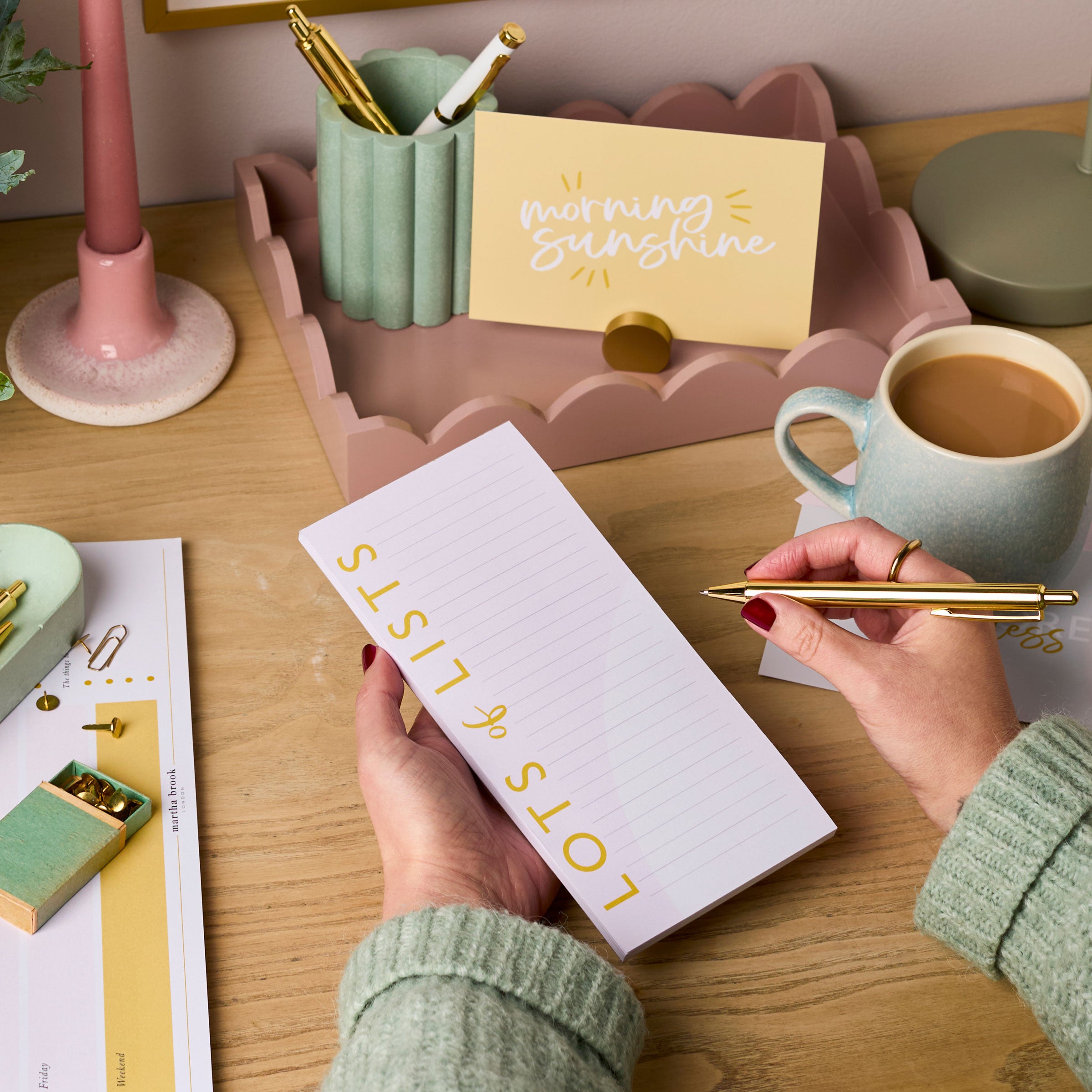 martha brook personalised stationery lots of lists desk pad on desk with pink scalloped tray and motivational postcard