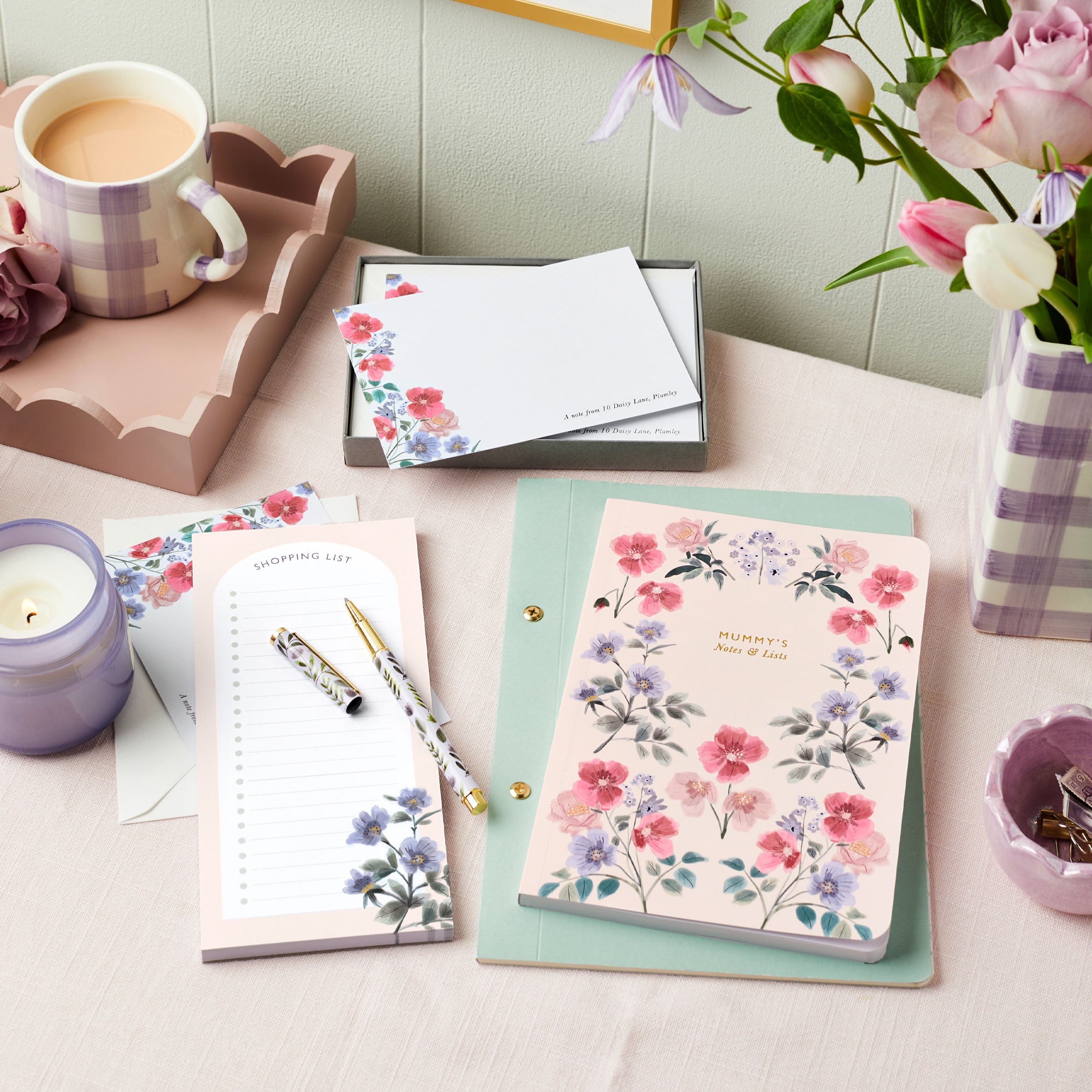 martha brook personalised stationery mothers day gifts wild floral stationery gift set on desk with tea flowers and candle