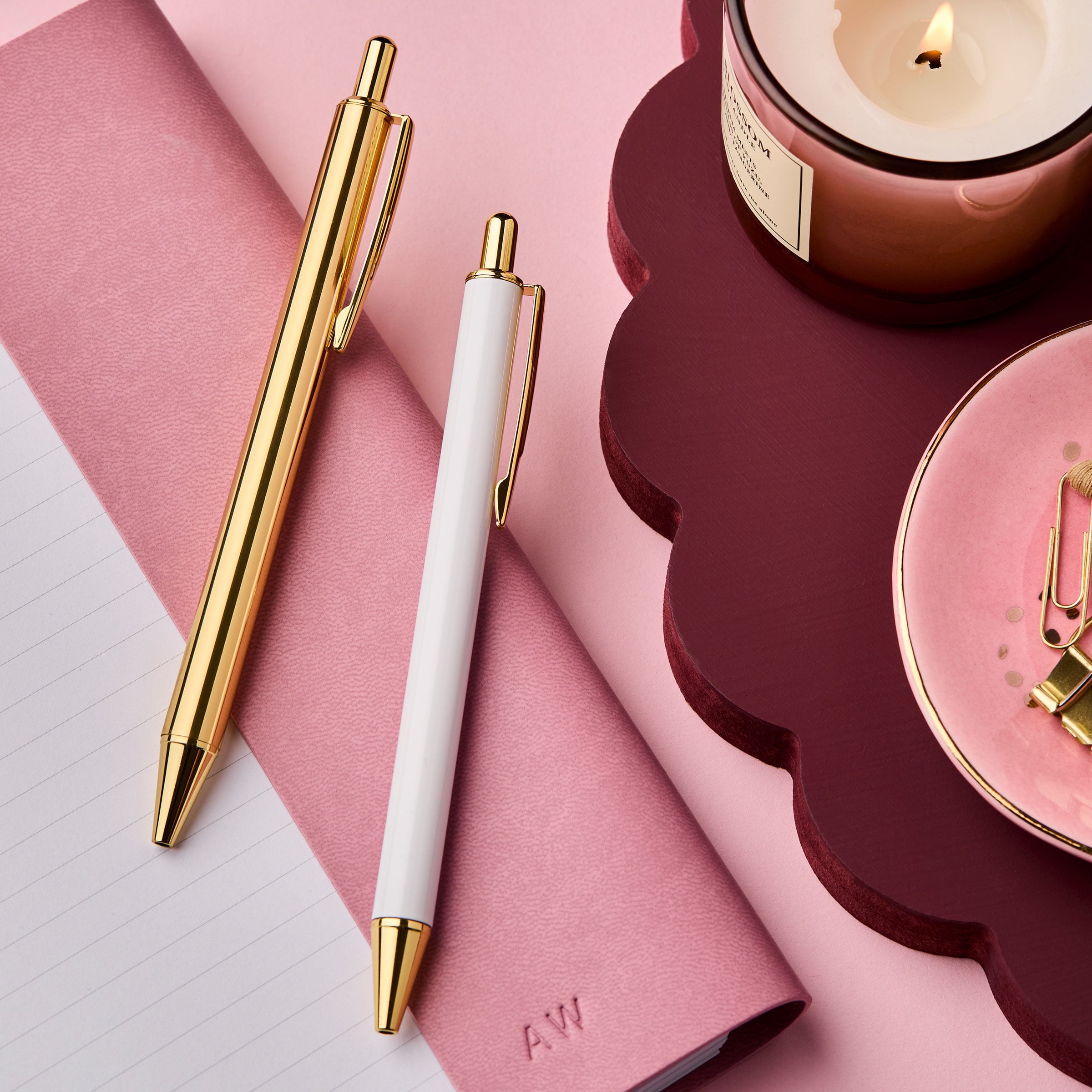 martha brook personalised stationery pen refills gold and white and gold pens on pink vegan leather notebook