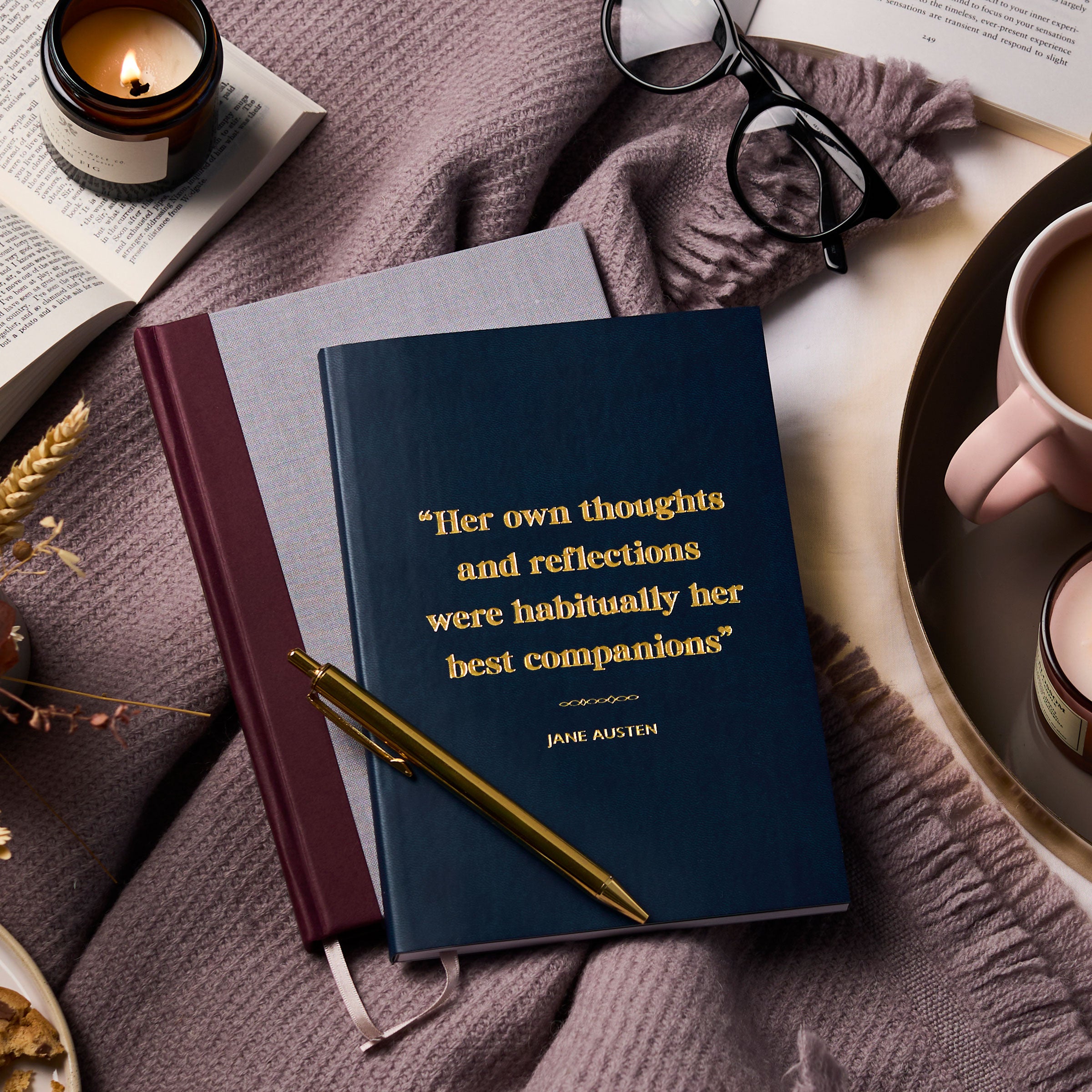 martha brook personalised stationery personalised any quote book journal on bed with blanket candle glasses and tea
