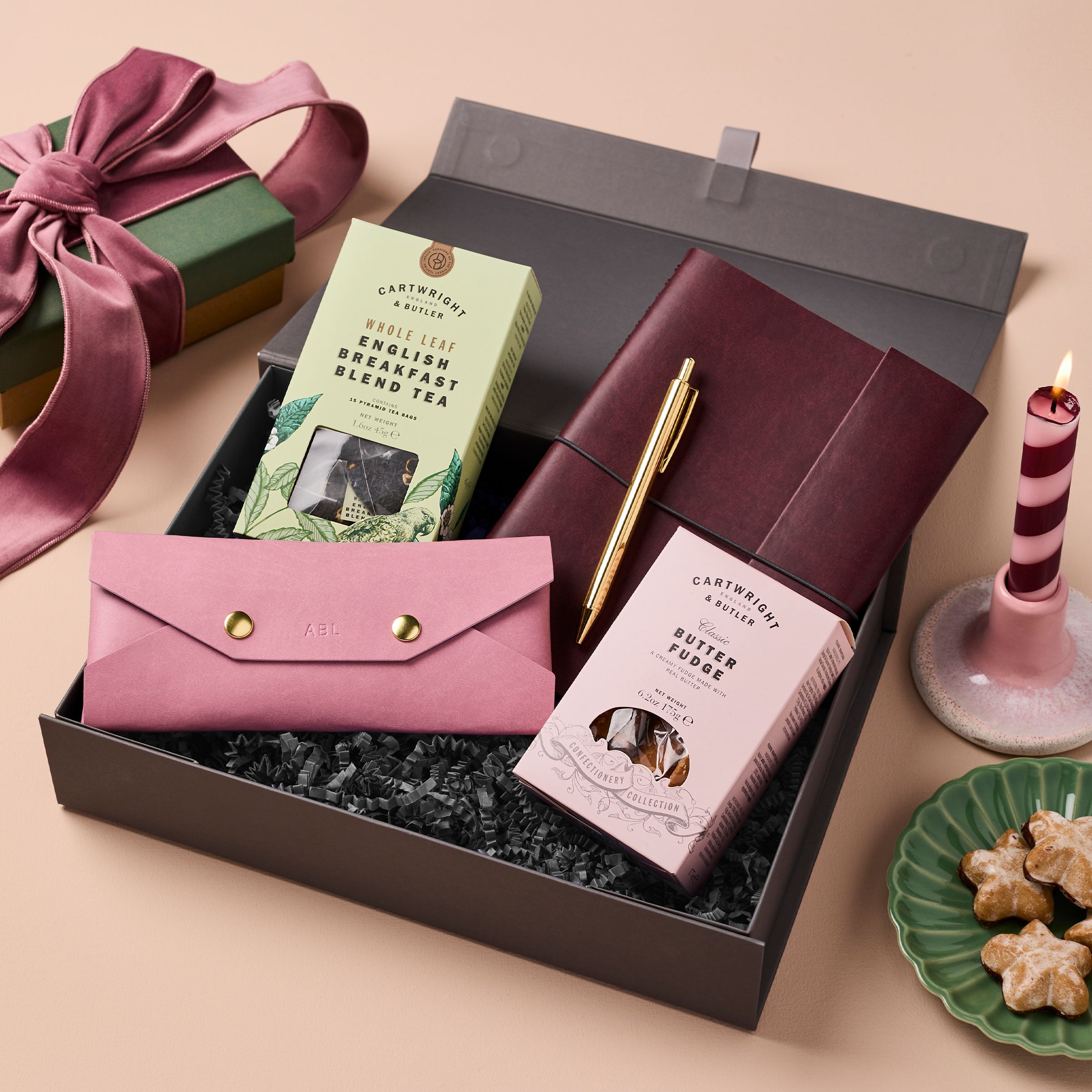 martha brook personalised stationery personalised christmas gift hamper open on desk with candle and christmas gifts simple