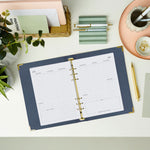 martha brook personalised stationery personalised create your future life planner inside pages 2026 weekly spread on a desk with a pastel scalloped pen pot and grooved pen holder