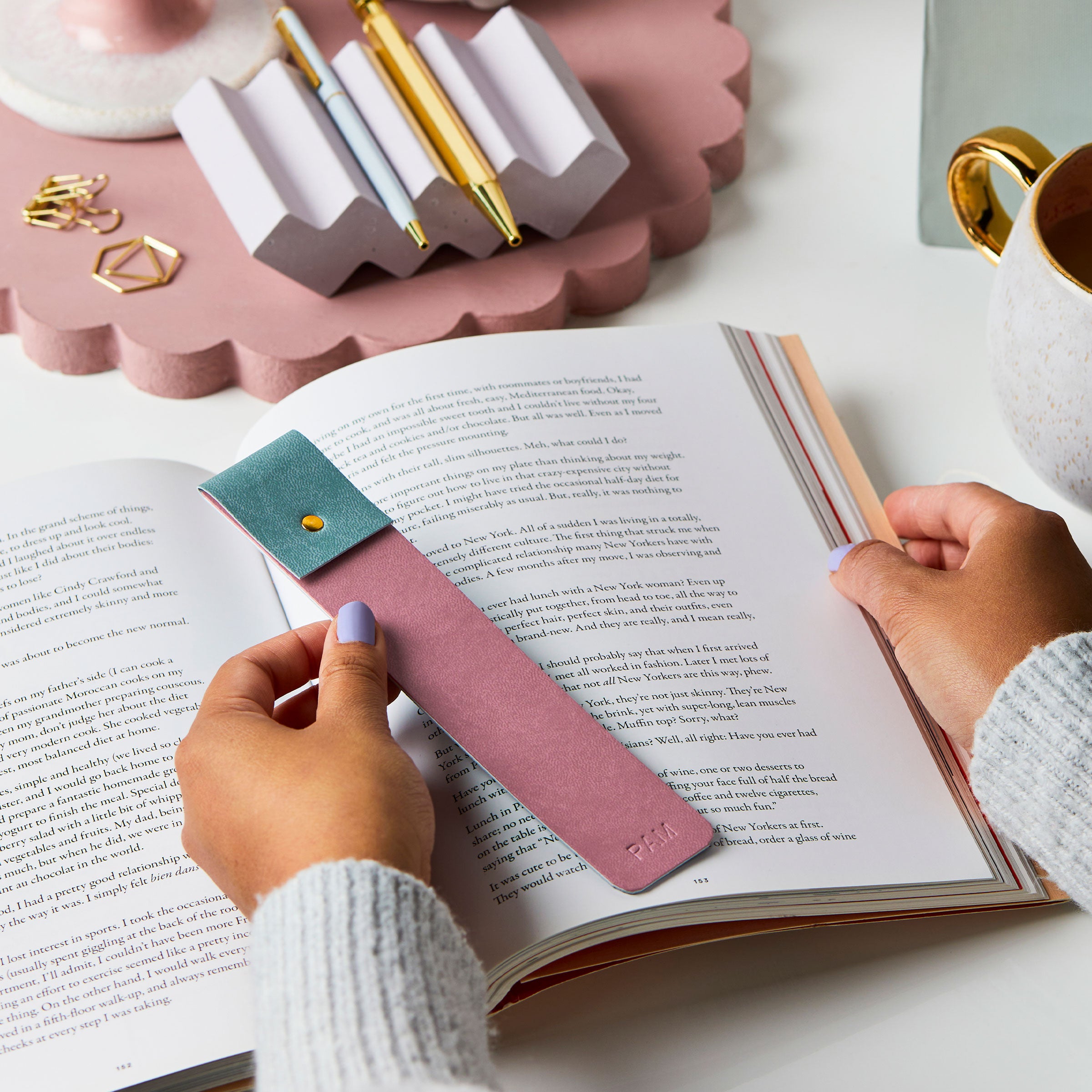 martha brook personalised stationery personalised embossed vegan leather bookmark leather effect dusky rose with soft teal stationery gift