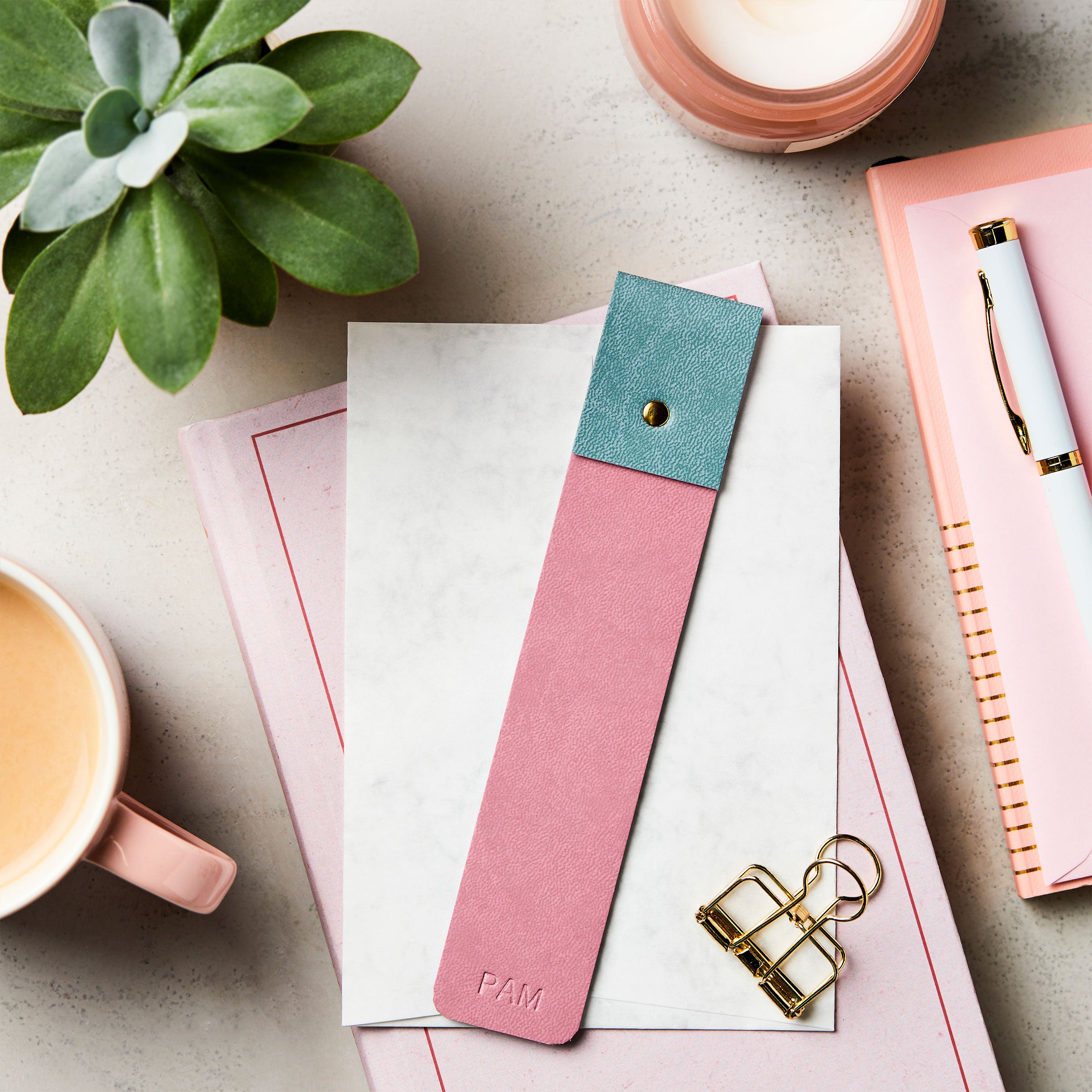 martha brook personalised stationery personalised embossed vegan leather bookmark leather effect dusky rose with soft teal stationery gift