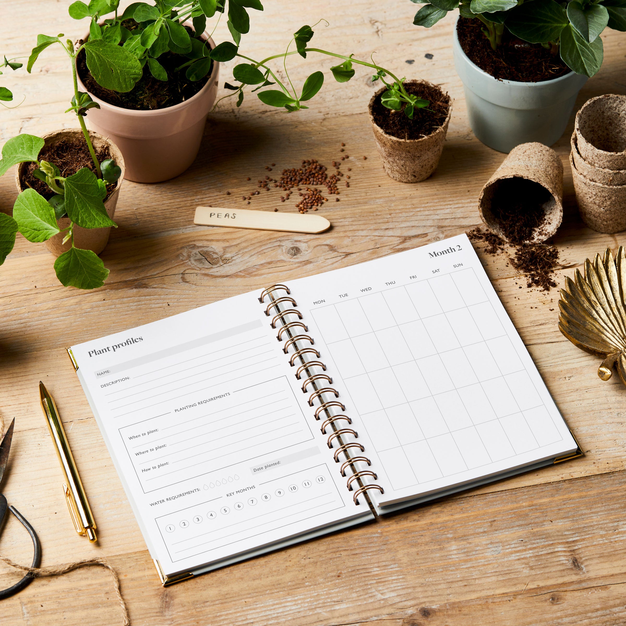 martha brook personalised stationery personalised hardback gardening journal on gardening table with pots and seeds inside spread