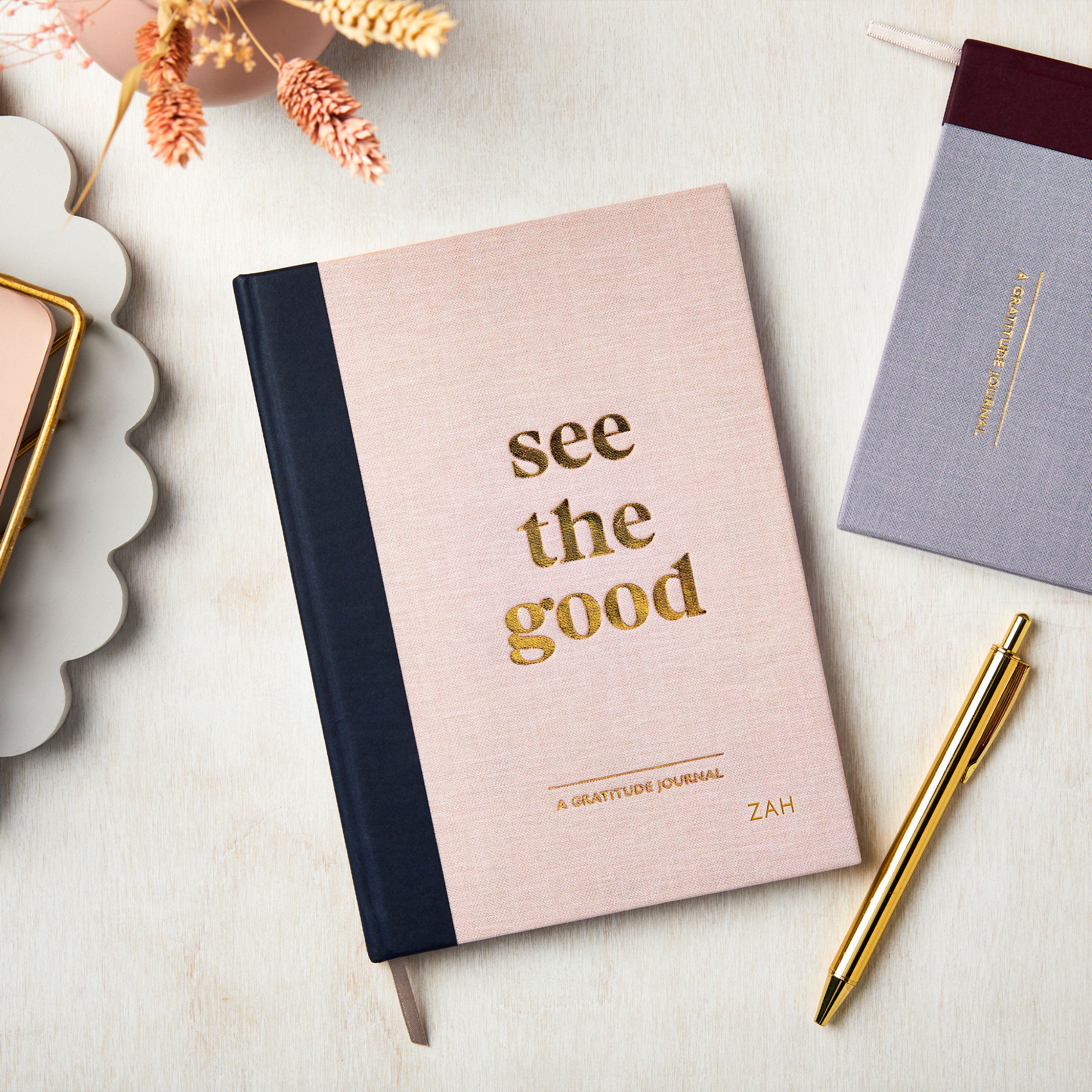 martha brook personalised stationery personalised gratitude journal wellbeing journal pink and blue journal with gold foiling