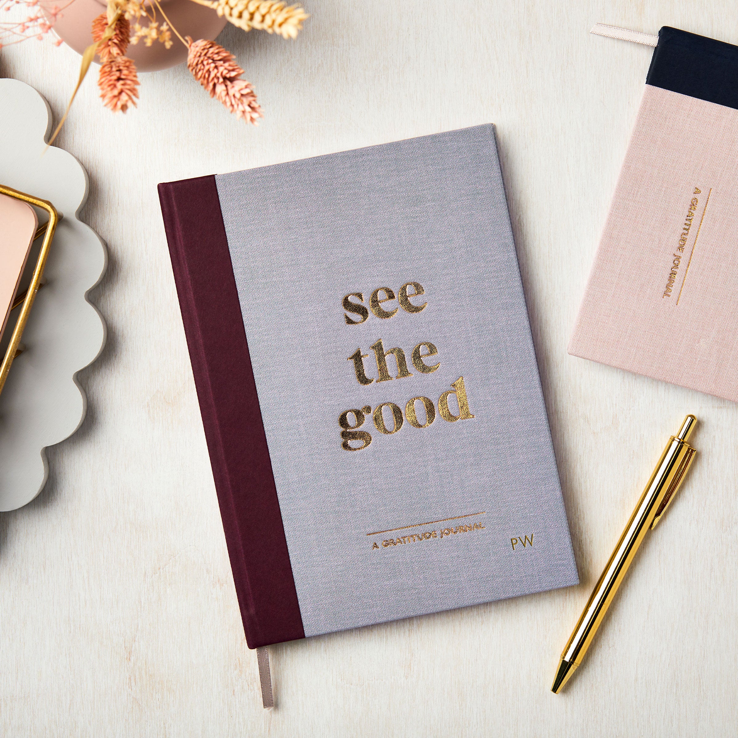 martha brook personalised stationery personalised gratitude journal wellbeing journal pink and blue journal with gold foiling