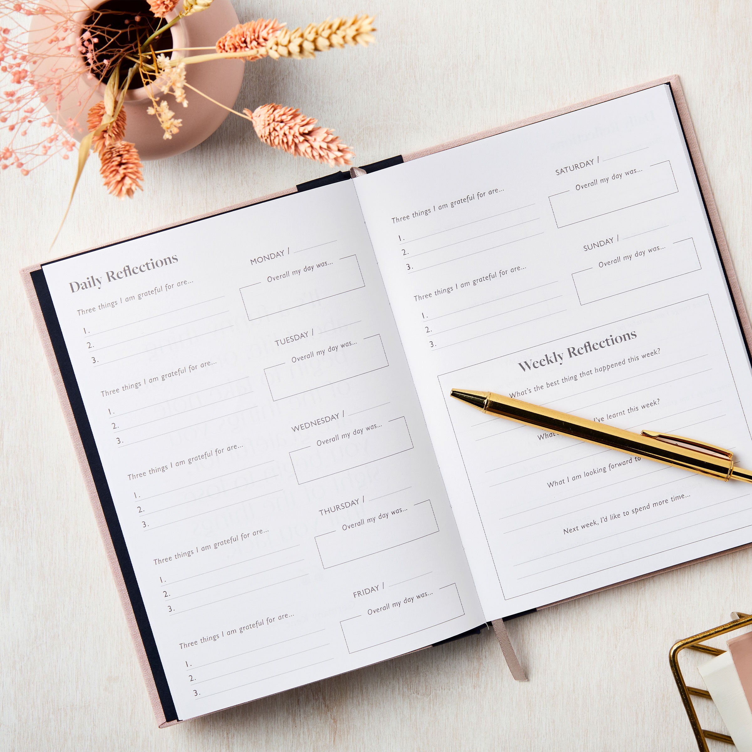 martha brook personalised stationery personalised gratitude journal wellbeing journal pink and blue journal with gold foiling
