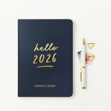 martha brook personalised hello 2026 weekly diary in midnight blue with gold foil