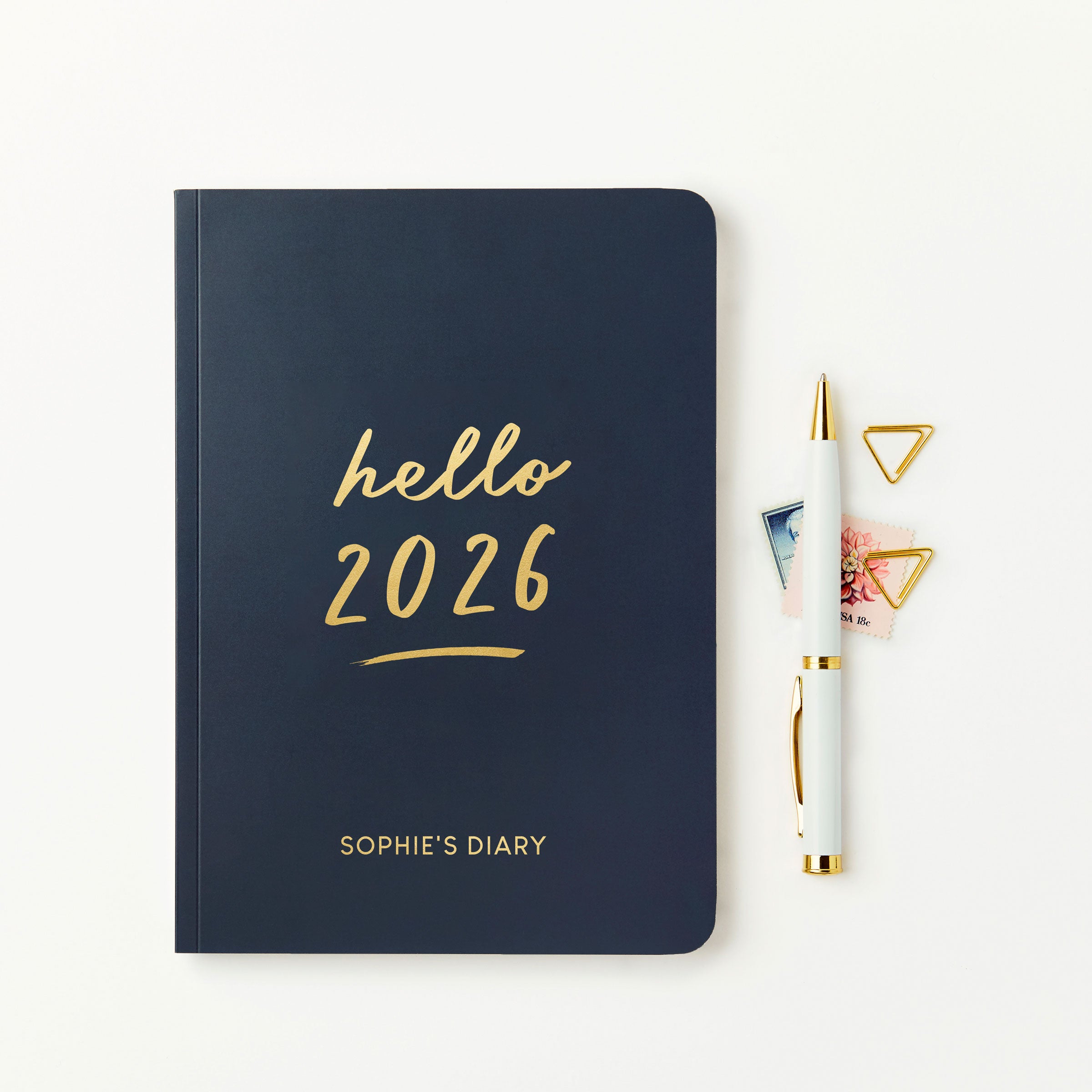 martha brook personalised hello 2026 weekly diary in midnight blue with gold foil