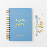martha brook personalised hello 2026 weekly diary in sky blue with gold foil