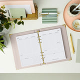 martha brook personalised stationery personalised life planner inside pages 2026 weekly spread on a desk with a pastel scalloped pen pot and grooved pen holder