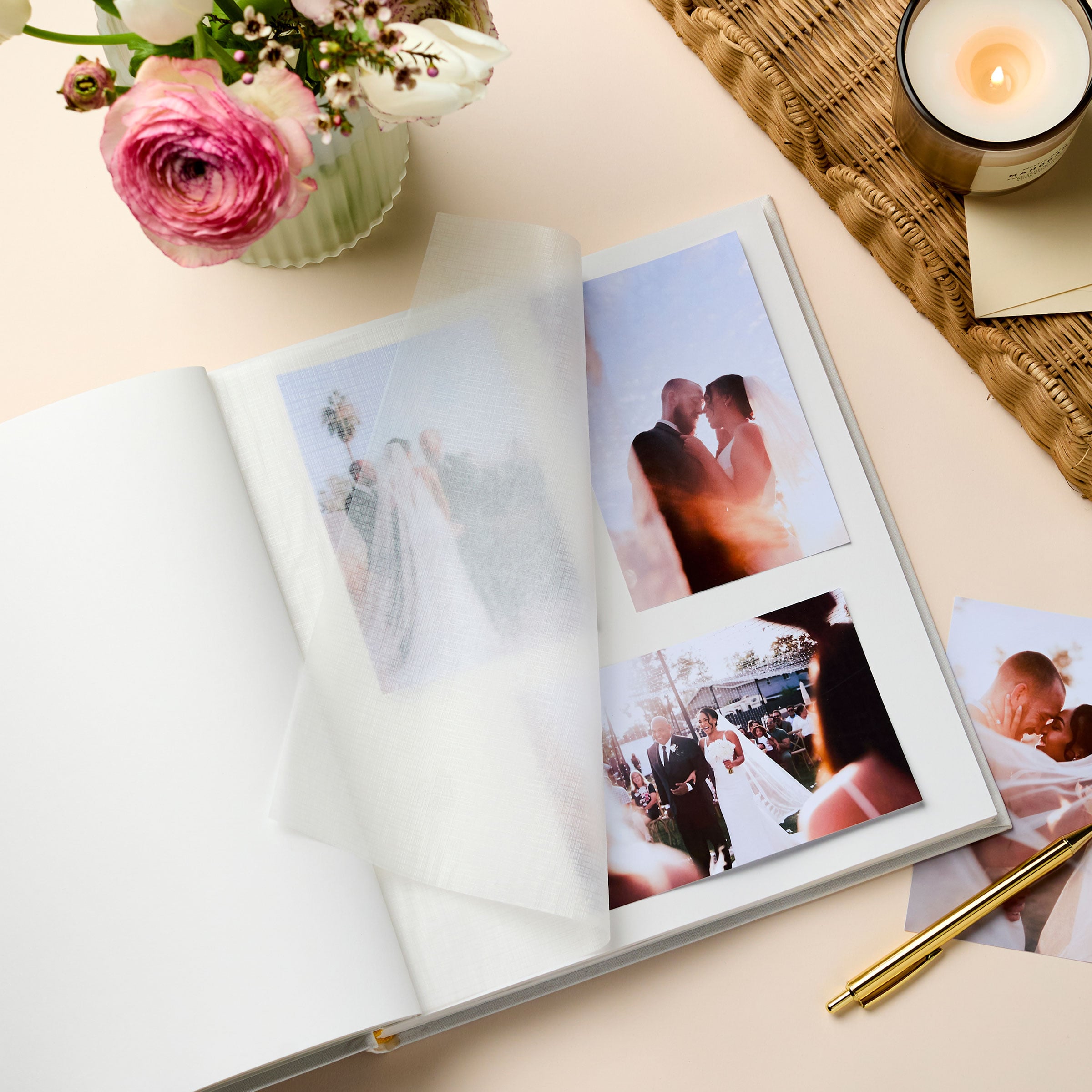martha brook personalised stationery personalised linen wedding photo album insides with photographs and protective paper