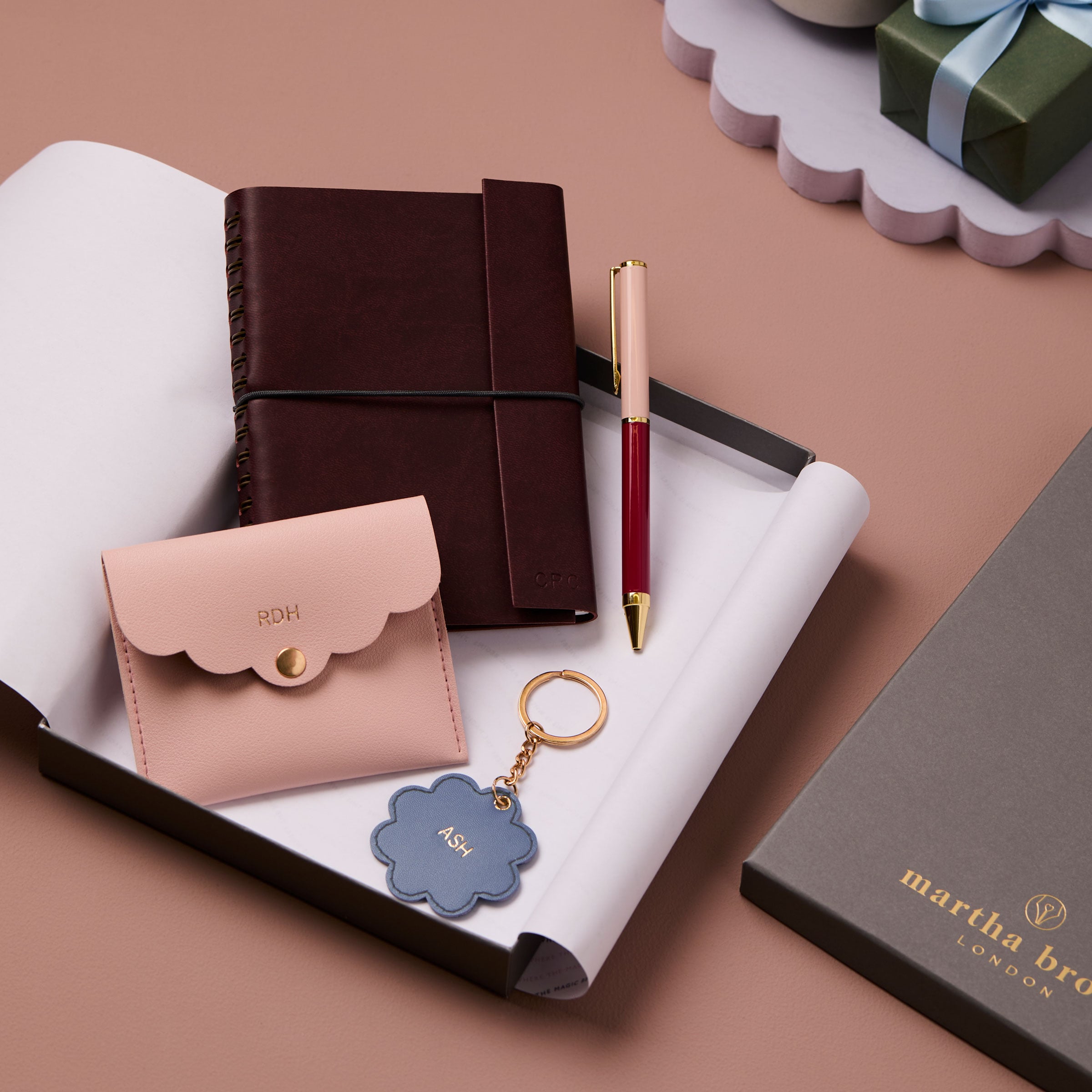 martha brook personalised stationery personalised little joys gift set on a dusty pink background in a luxury grey gift box
