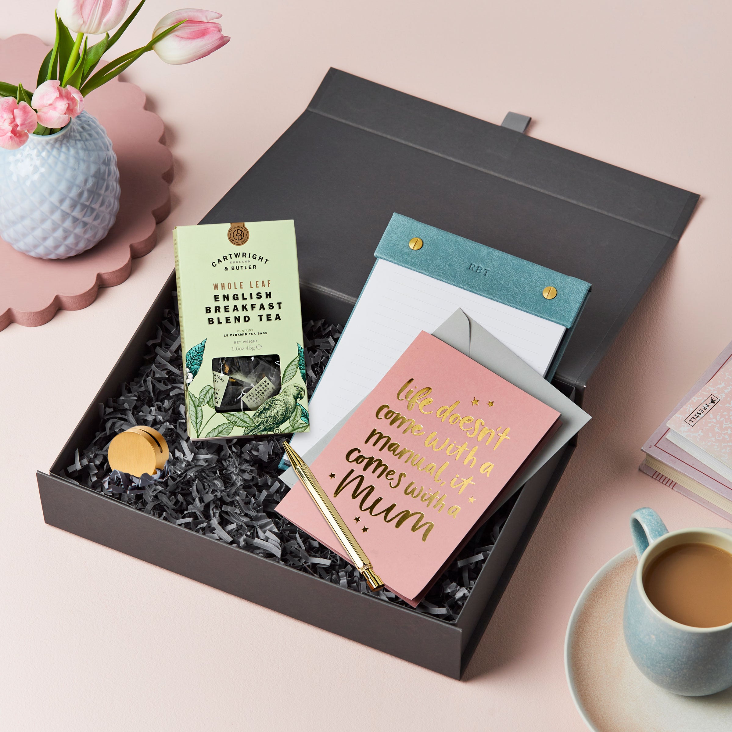 martha brook personalised stationery personalised luxury mothers day gift box on a soft pink background with a mug of tea