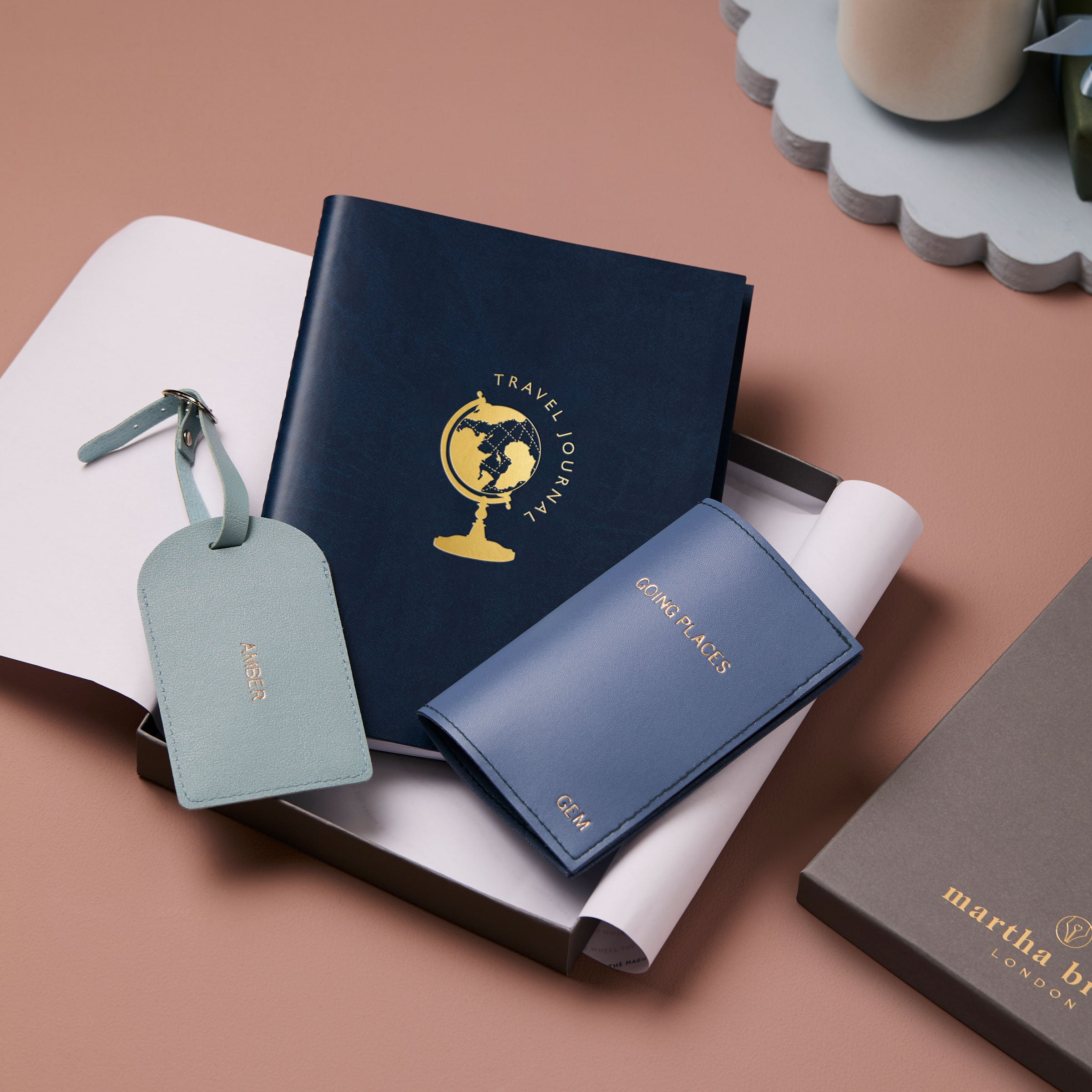 martha brook personalised stationery personalised travel gift set in a luxury grey gift box on a dusty pink background